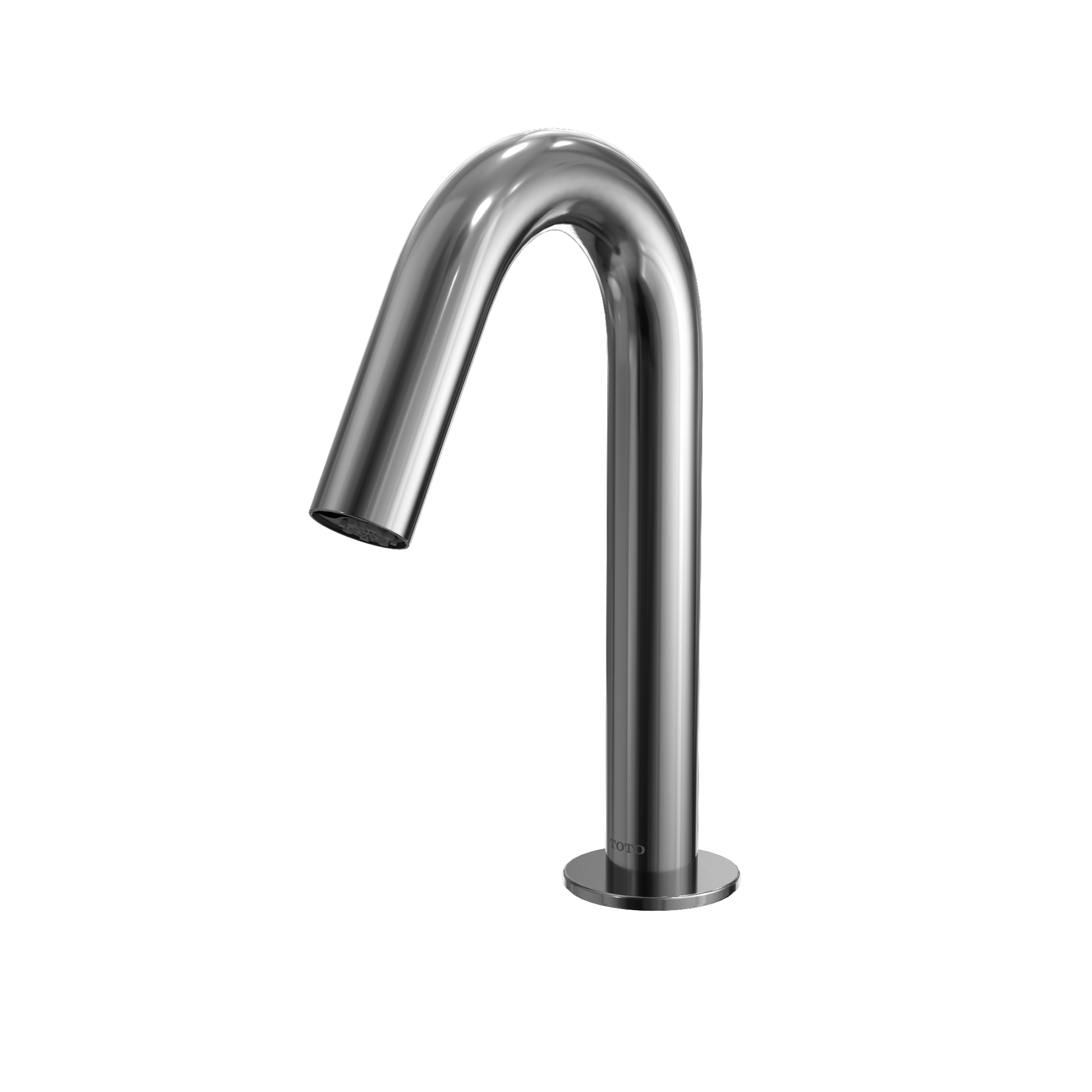 Polished chrome touchless bathroom faucet with curved spout and circular base on white background.