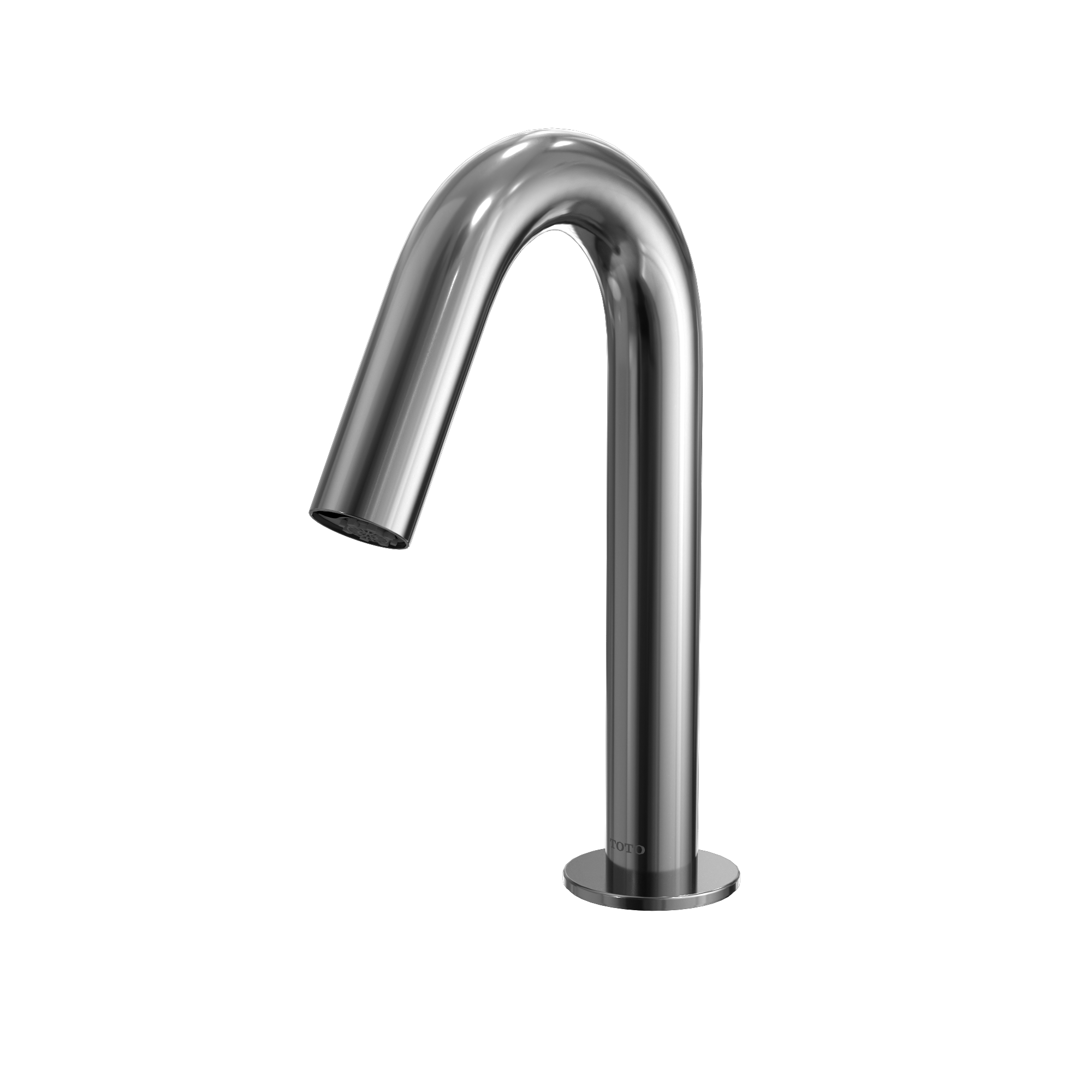 Polished chrome touchless bathroom faucet with curved spout and circular base on white background.