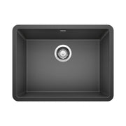 Anthracite single bowl kitchen sink with rounded corners and chrome drain strainer, top view.