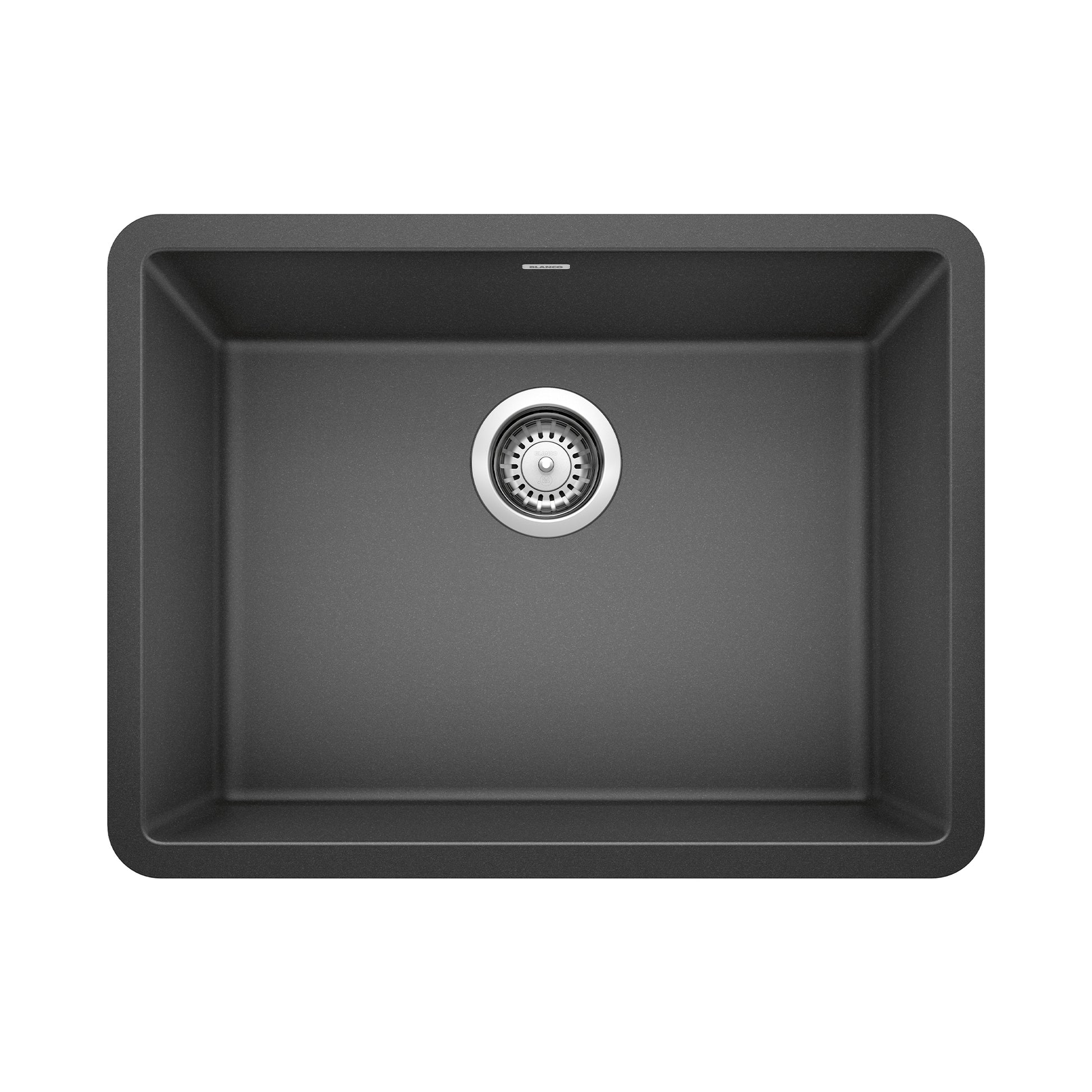 Anthracite single bowl kitchen sink with rounded corners and chrome drain strainer, top view.