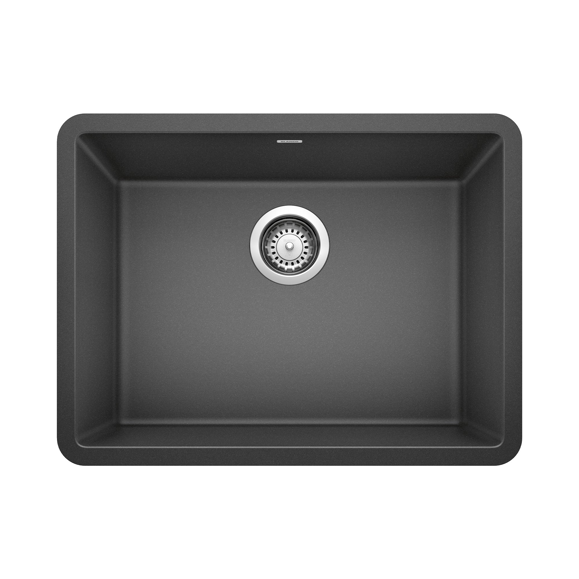 Anthracite single bowl kitchen sink with rounded corners and chrome drain strainer, top view.