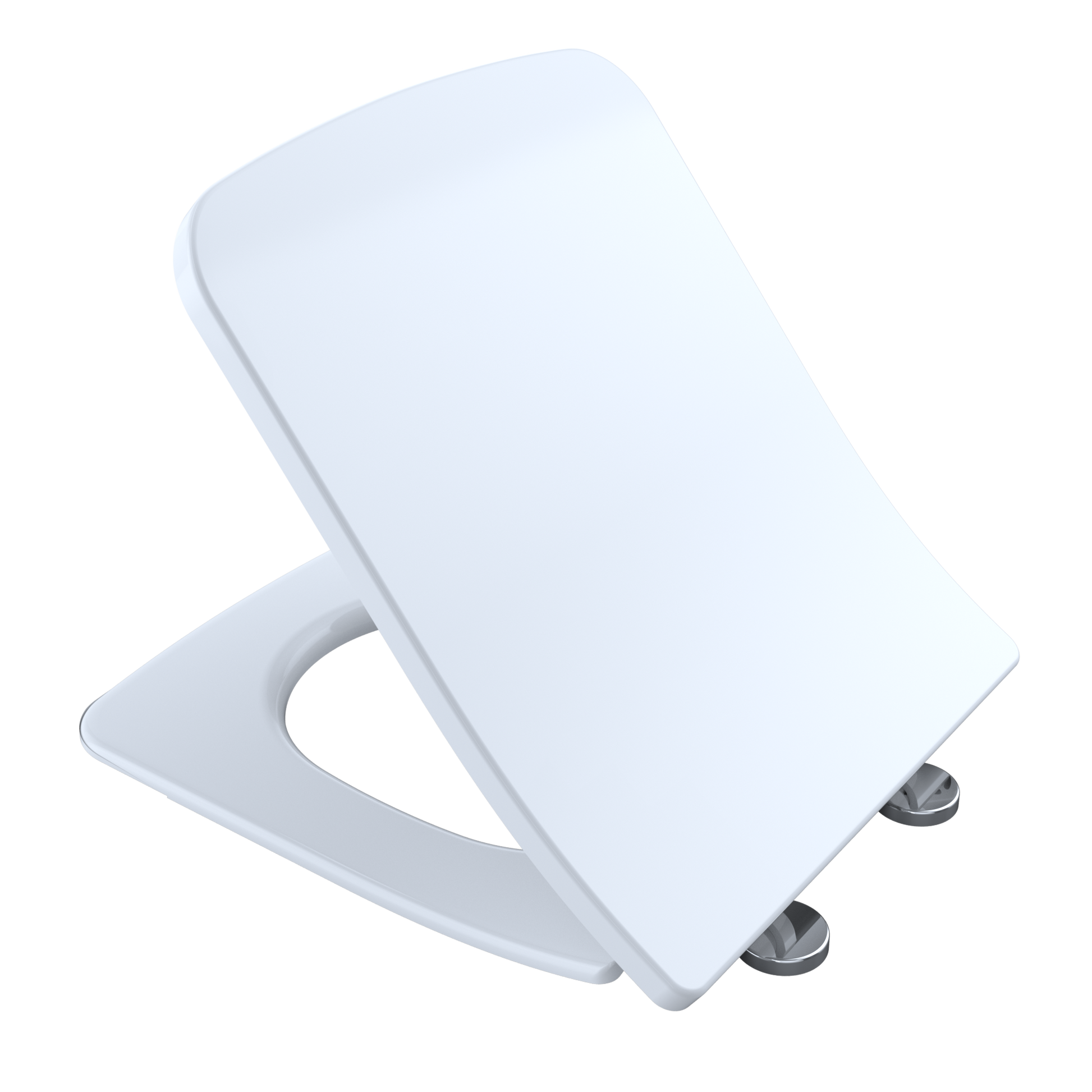 White square toilet seat and lid with soft-close hinges in open position.