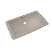 Bone-colored rectangular undermount bathroom sink with single faucet hole and sloped edges.