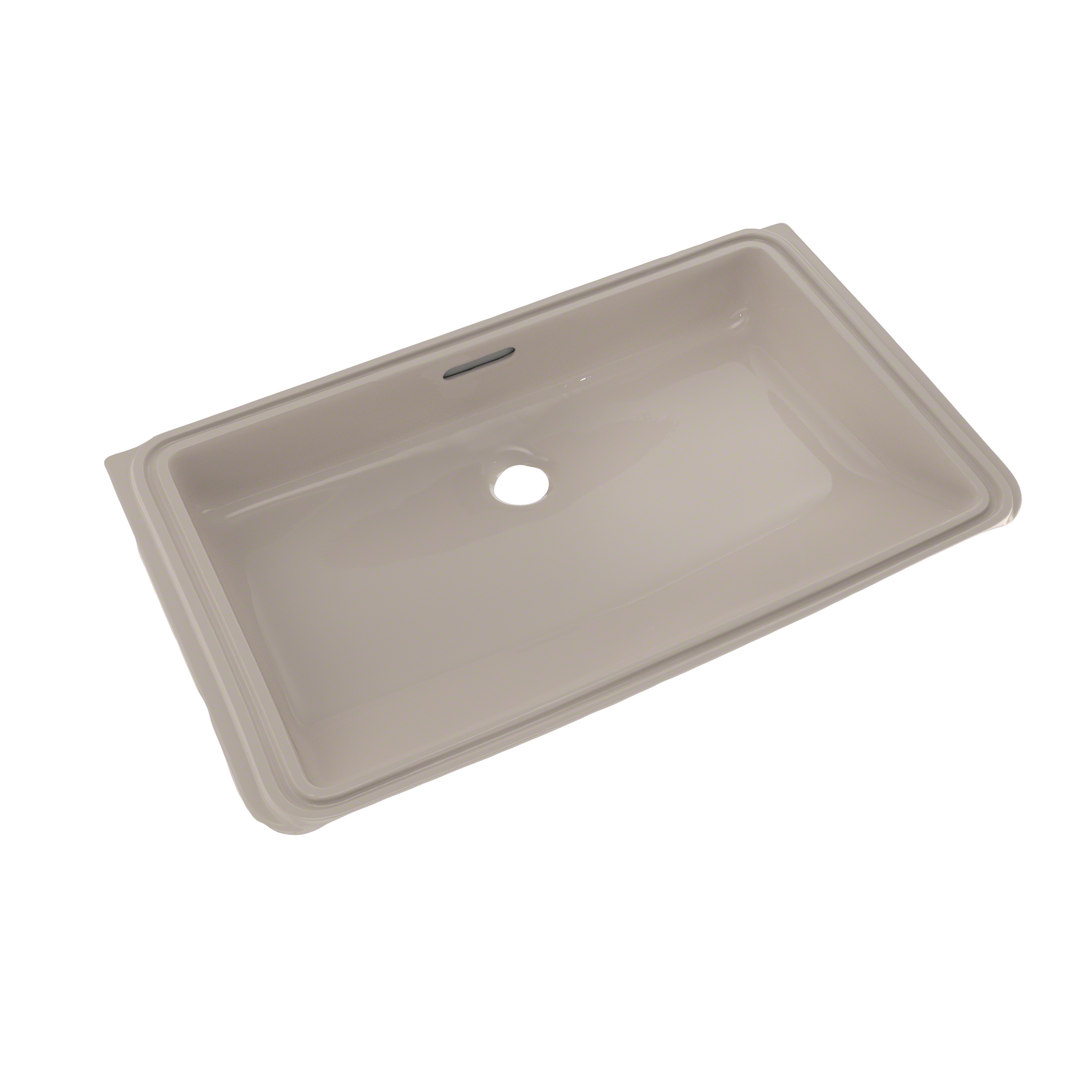 Bone-colored rectangular undermount bathroom sink with single faucet hole and sloped edges.