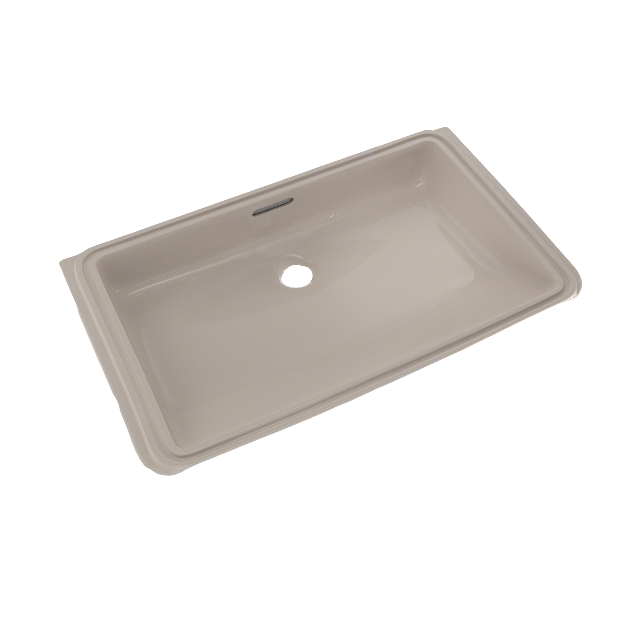 Bone-colored rectangular undermount bathroom sink with single faucet hole and sloped edges.