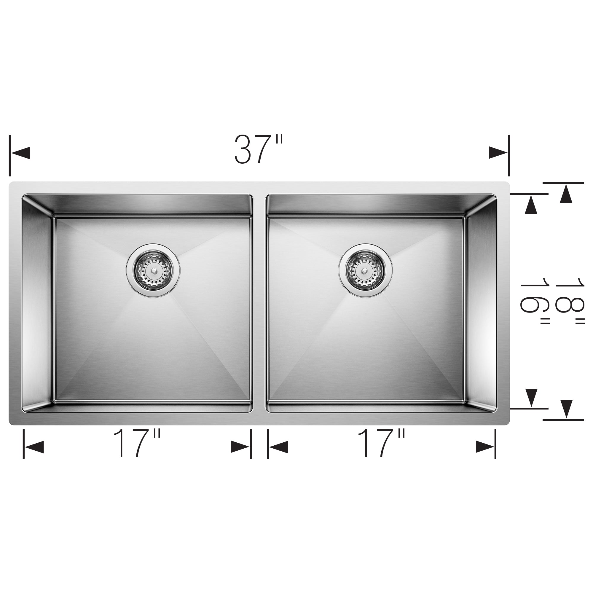 Stainless steel double bowl undermount sink with two equal 17-inch bowls, drains, and dimension markings showing 37-inch widt