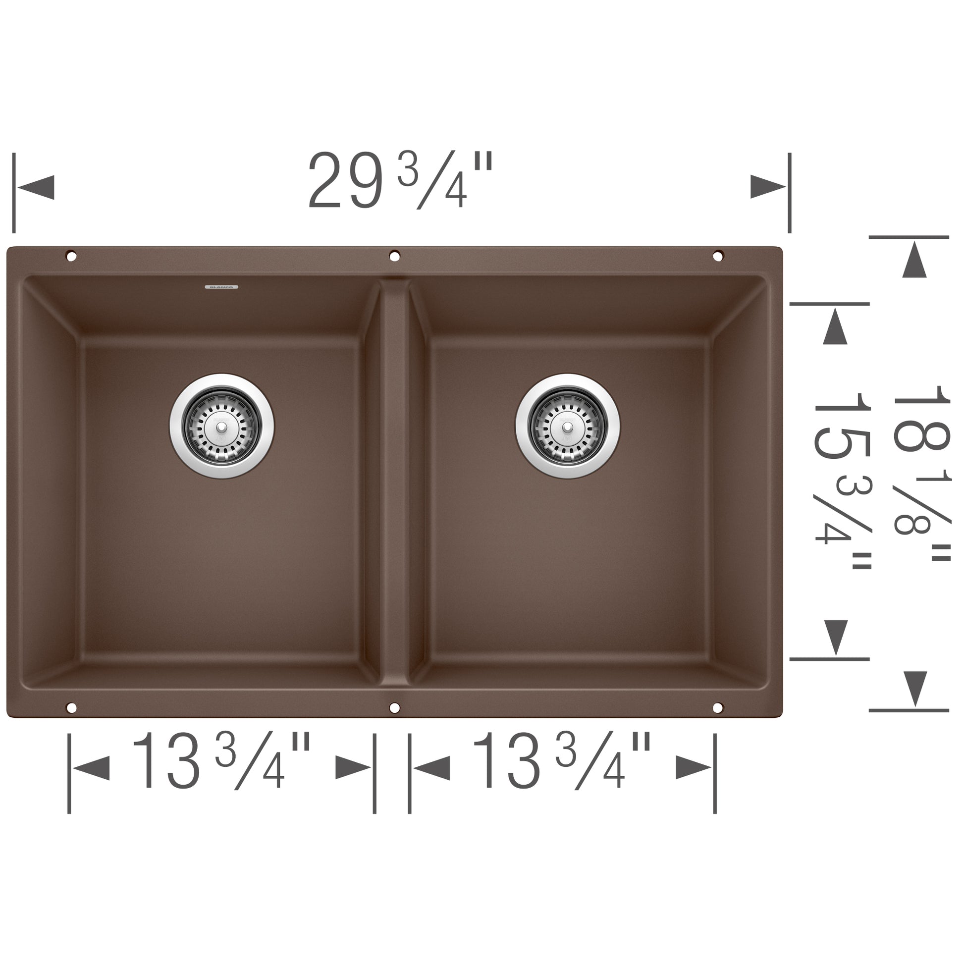 Cafe brown equal double bowl undermount sink with chrome drain strainers, 29 3/4" width.