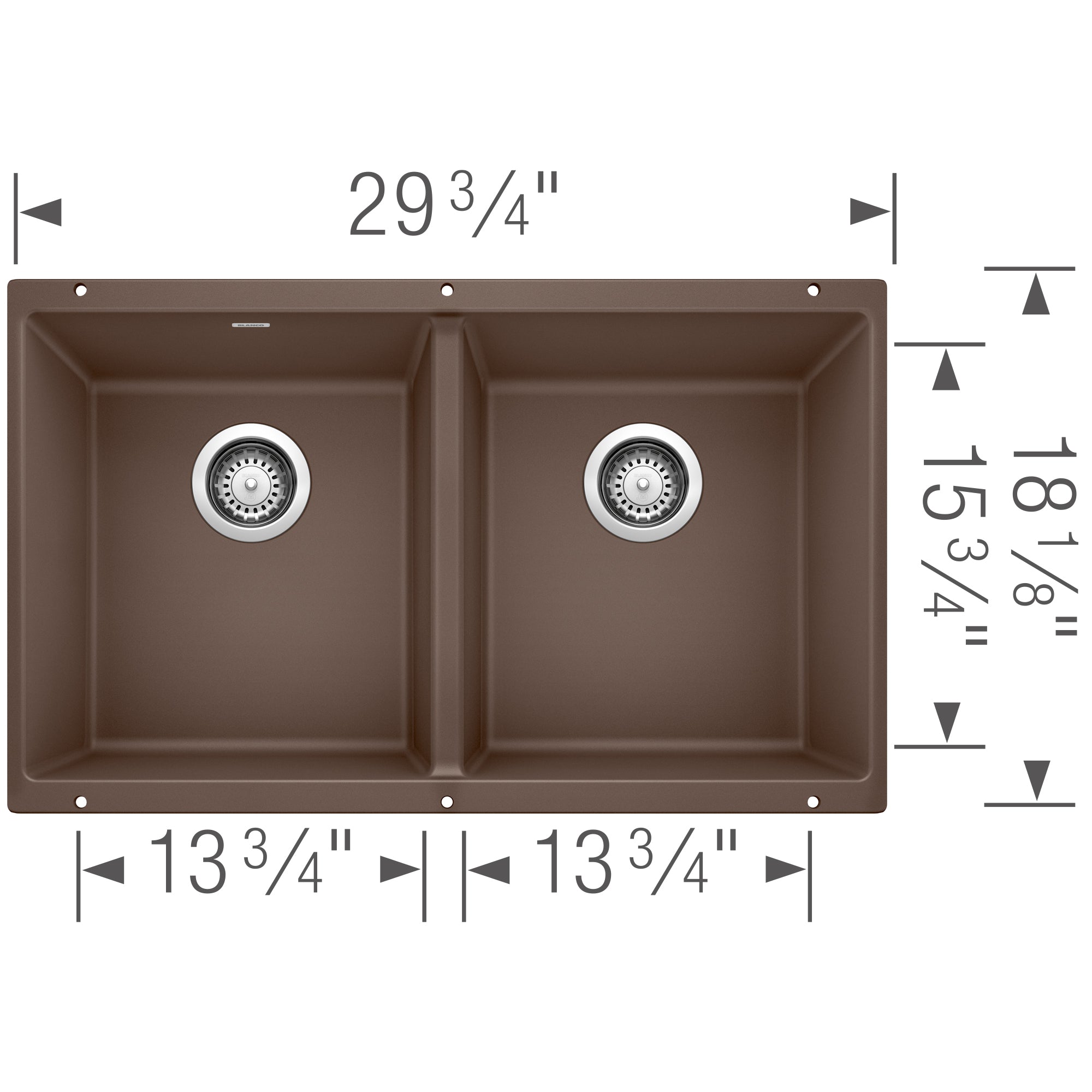 Cafe brown equal double bowl undermount sink with chrome drain strainers, 29 3/4" width.