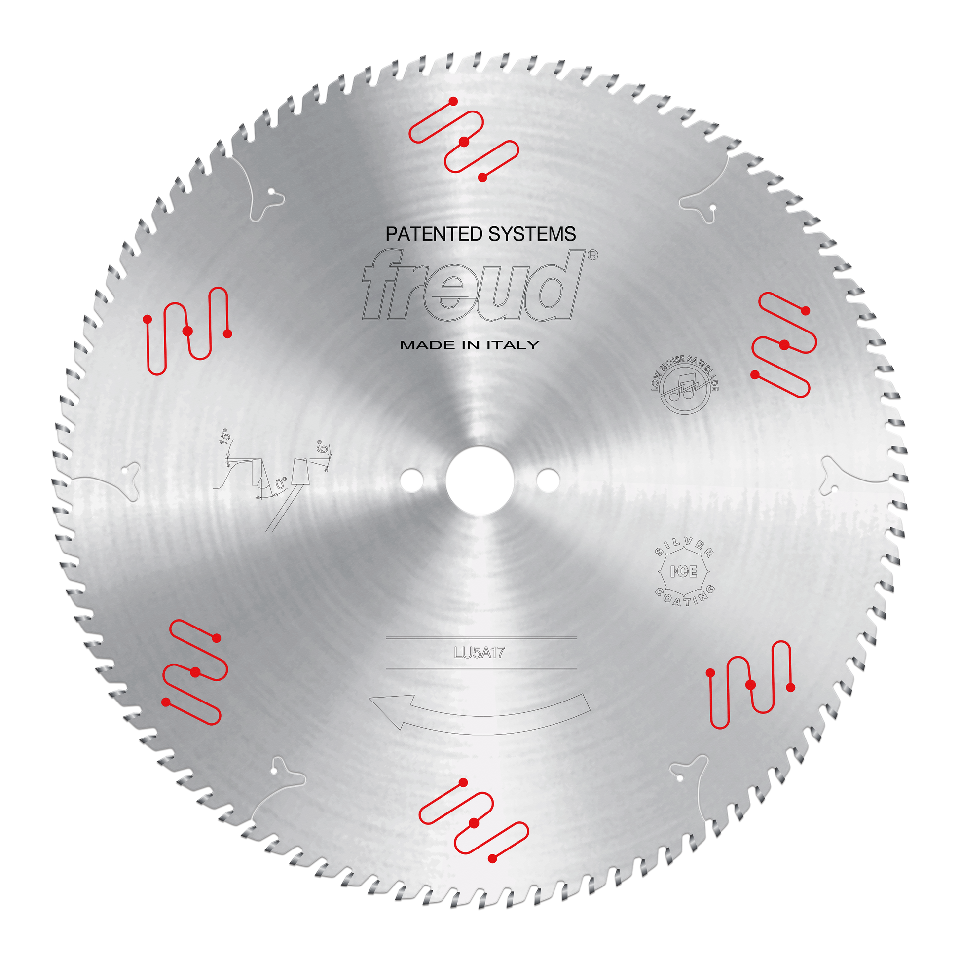 Freud LU5A17 400mm circular saw blade with numerous teeth around perimeter, central arbor hole, and red mechanical clamping s