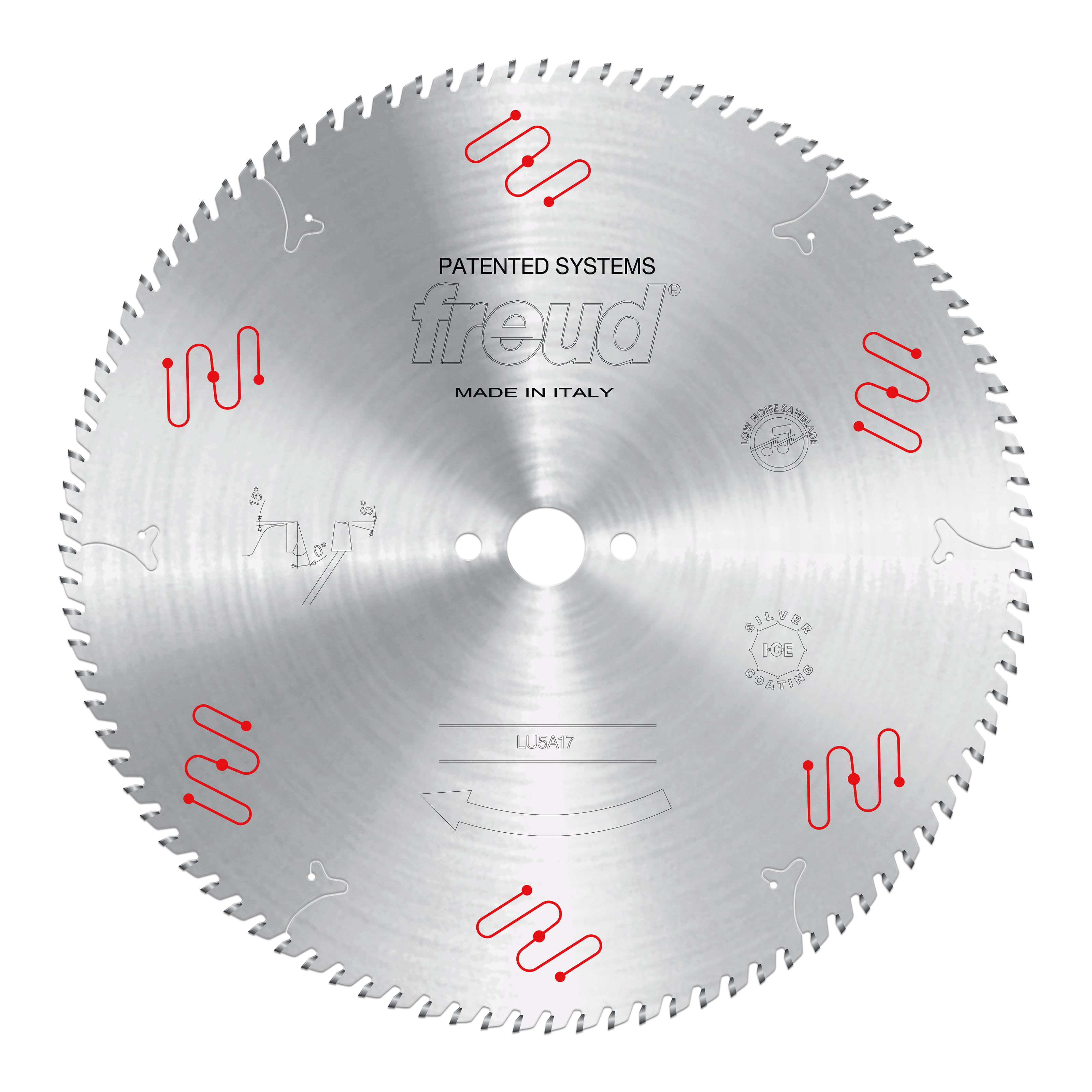 Freud LU5A17 400mm circular saw blade with numerous teeth around perimeter, central arbor hole, and red mechanical clamping s