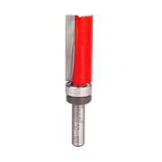 Router bit with red cutting head, silver bearing ring at top, and metal shank marked with product information.