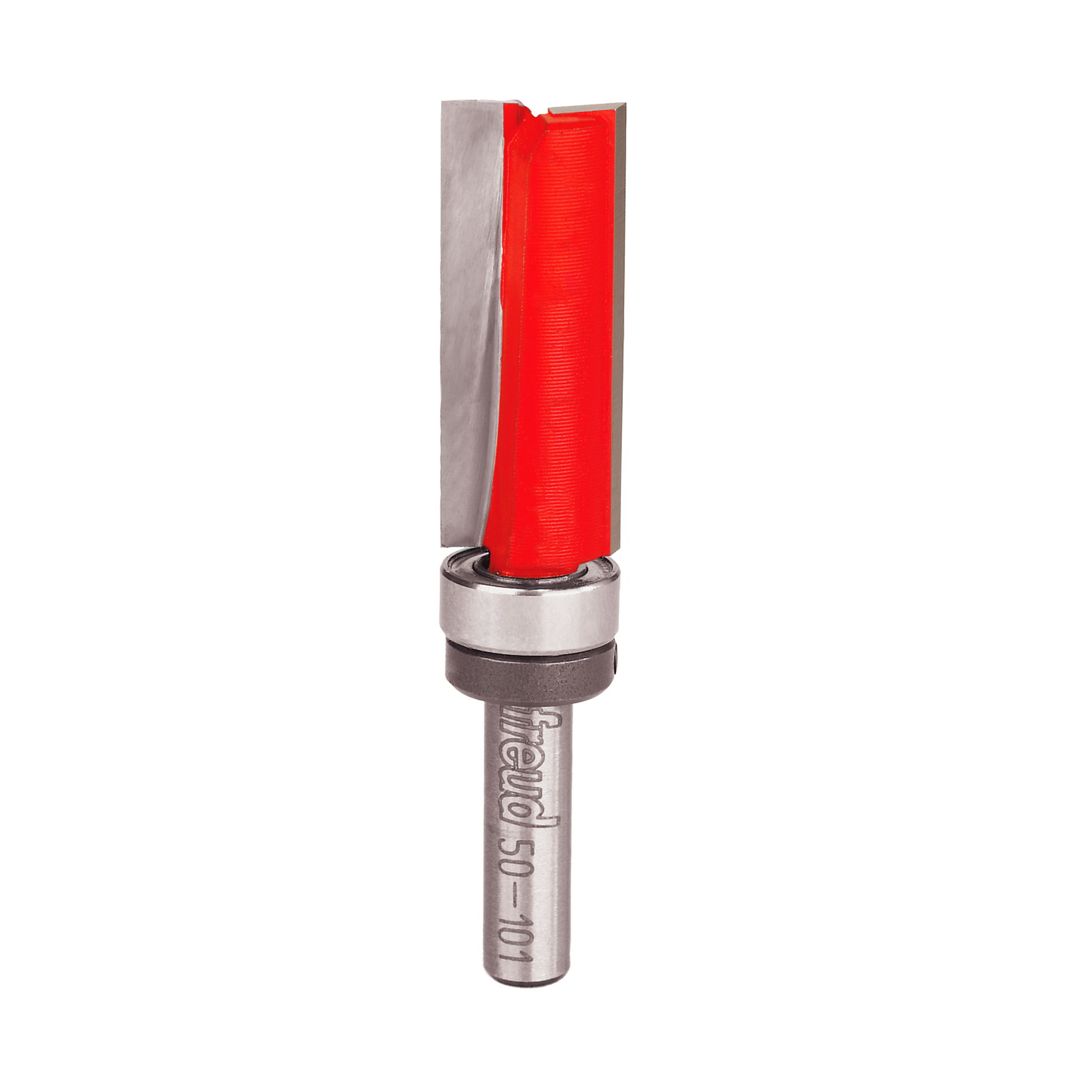 Router bit with red cutting head, silver bearing ring at top, and metal shank marked with product information.