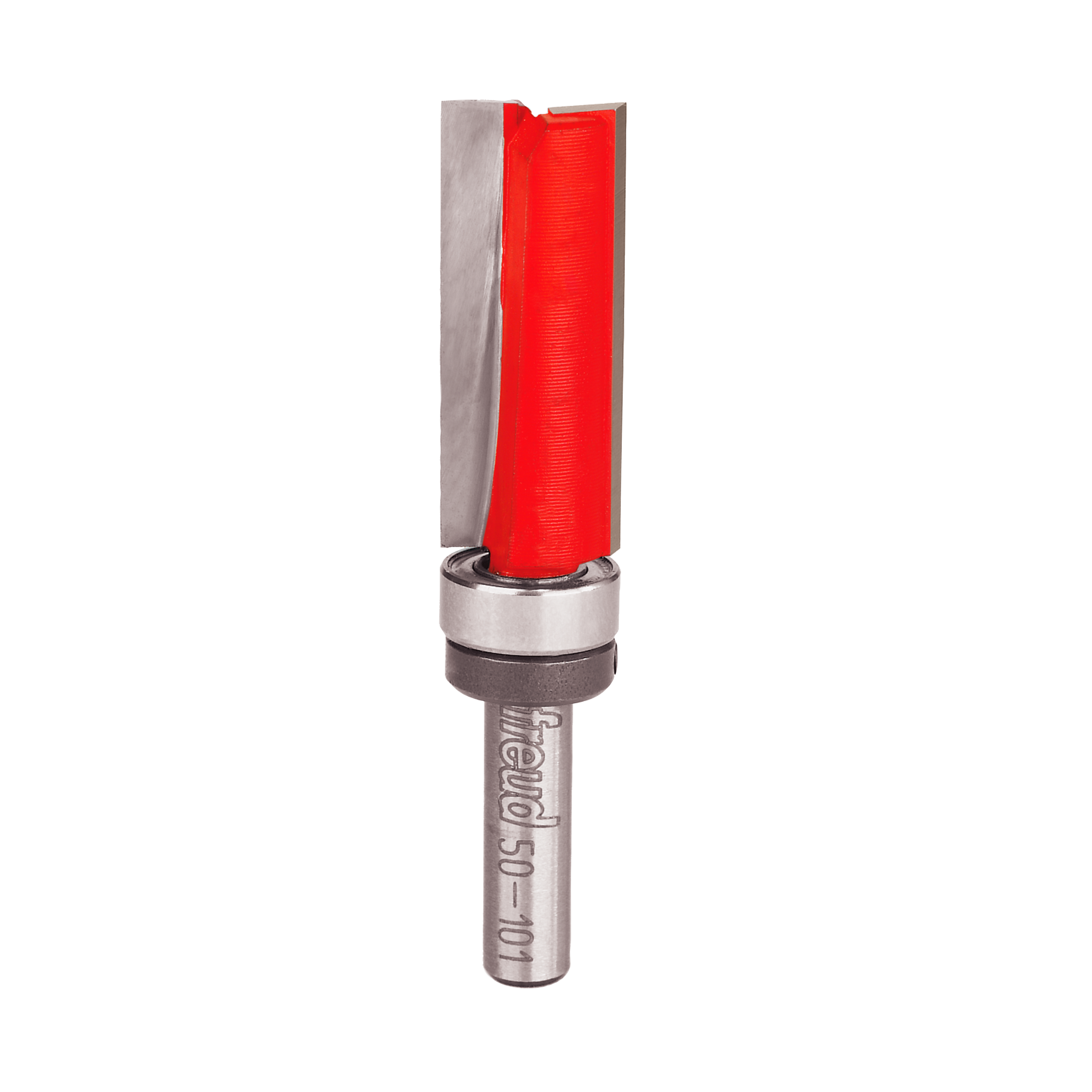 Router bit with red cutting head, silver bearing ring at top, and metal shank marked with product information.