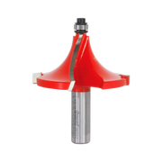Red and silver beading router bit with curved cutting edges and cylindrical shank for woodworking.