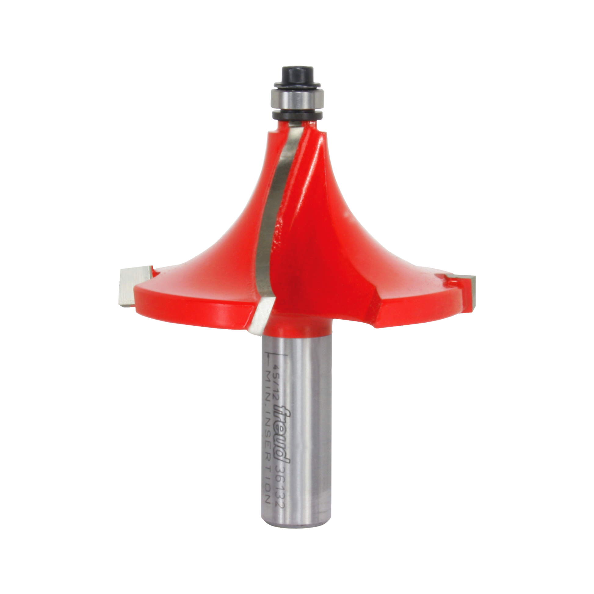 Red and silver beading router bit with curved cutting edges and cylindrical shank for woodworking.
