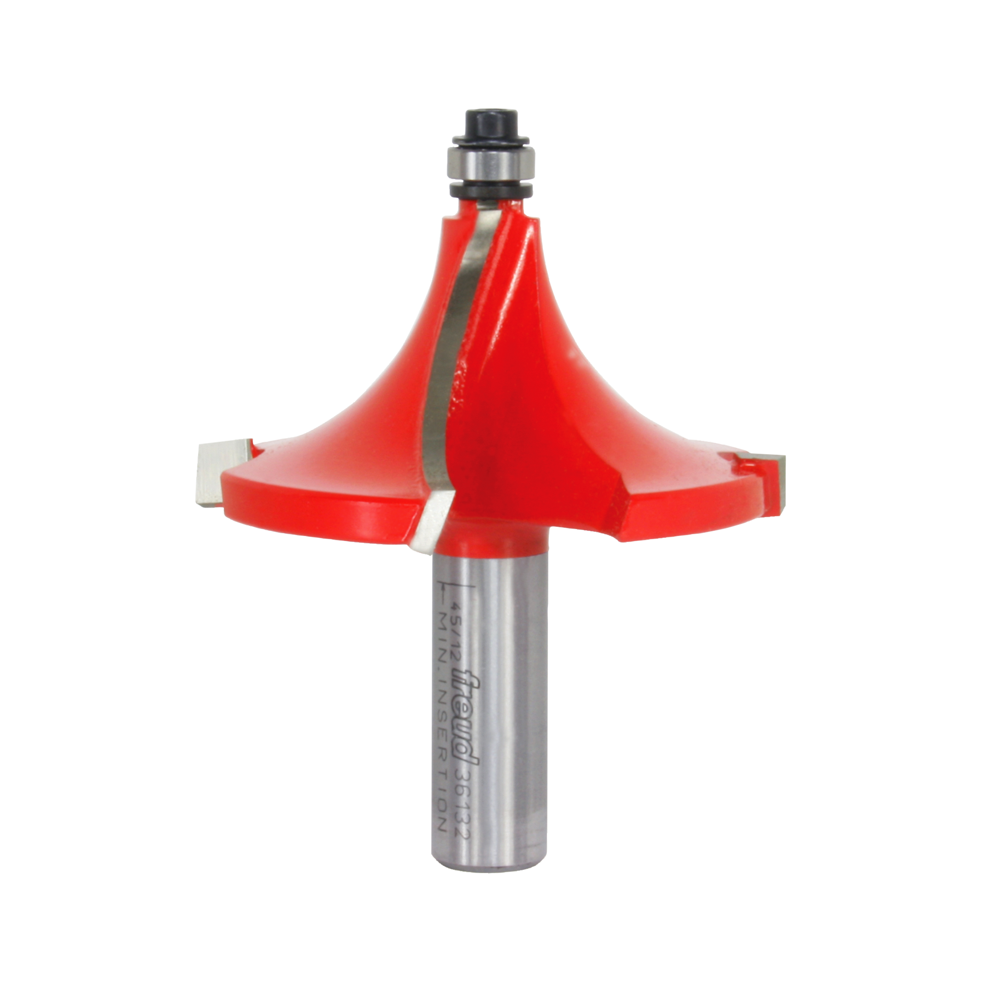 Red and silver beading router bit with curved cutting edges and cylindrical shank for woodworking.