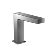 Polished chrome touchless bathroom faucet with rectangular spout and vertical base on white background.