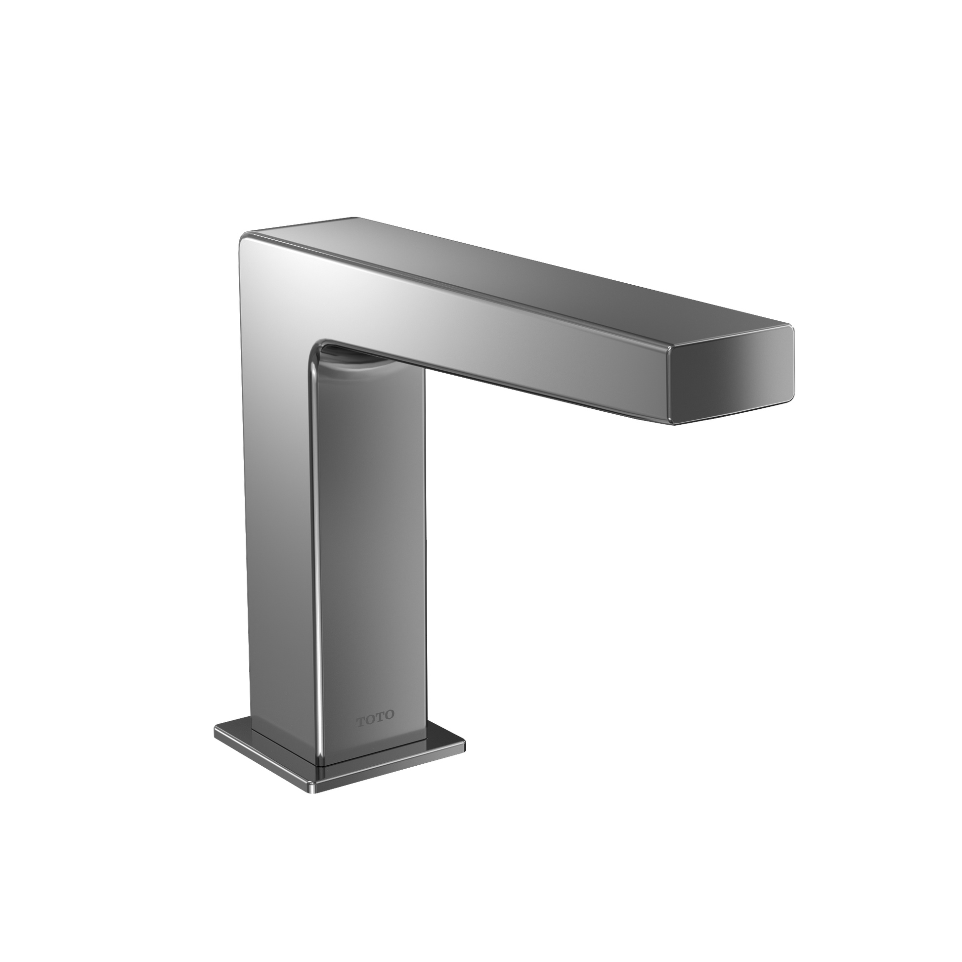 Polished chrome touchless bathroom faucet with rectangular spout and square base.