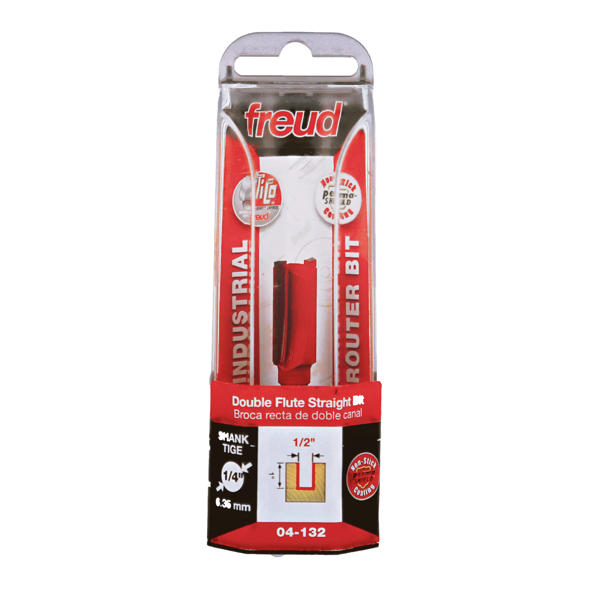 Freud 1/2" diameter double flute straight router bit with 1/4" shank in red packaging.