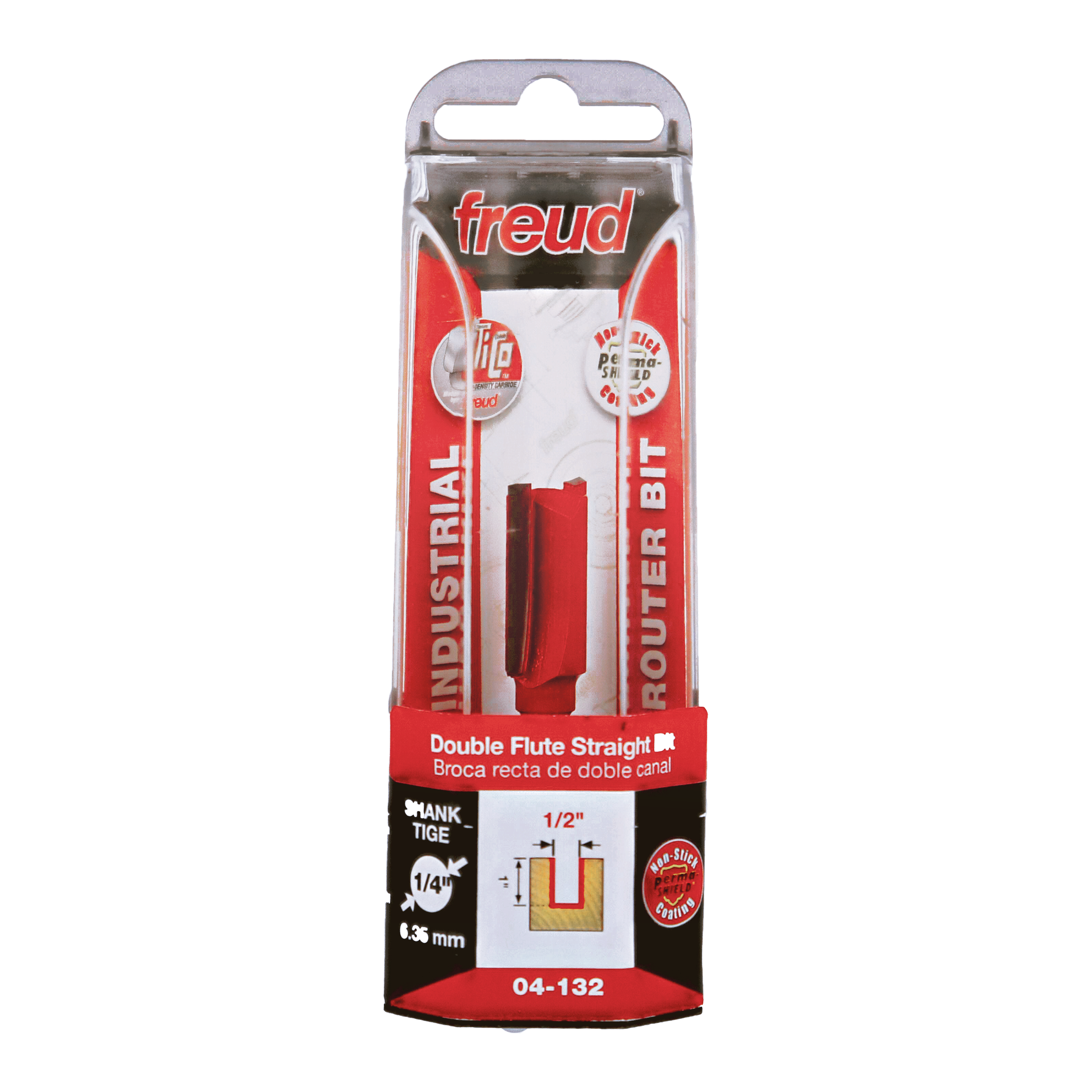 Freud 1/2" diameter double flute straight router bit with 1/4" shank in red packaging.