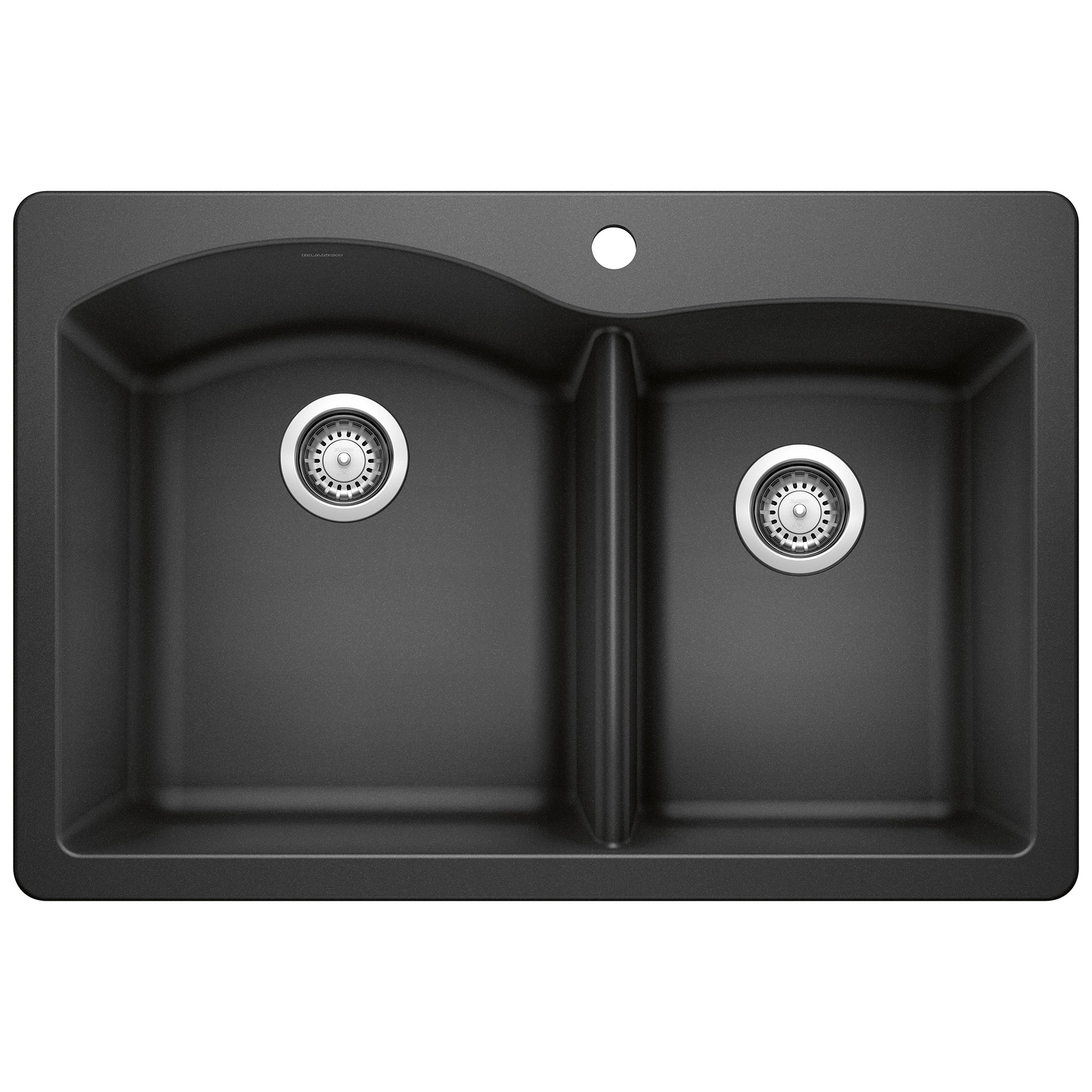 Anthracite drop-in kitchen sink with two bowls and stainless steel drain strainers.