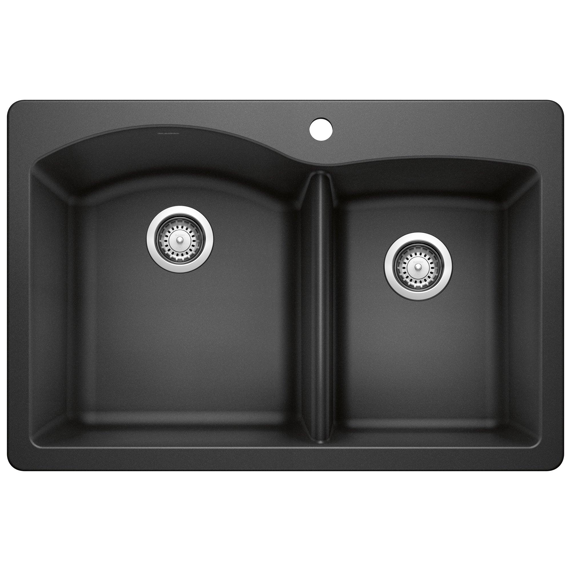 Anthracite drop-in kitchen sink with two bowls and stainless steel drain strainers.