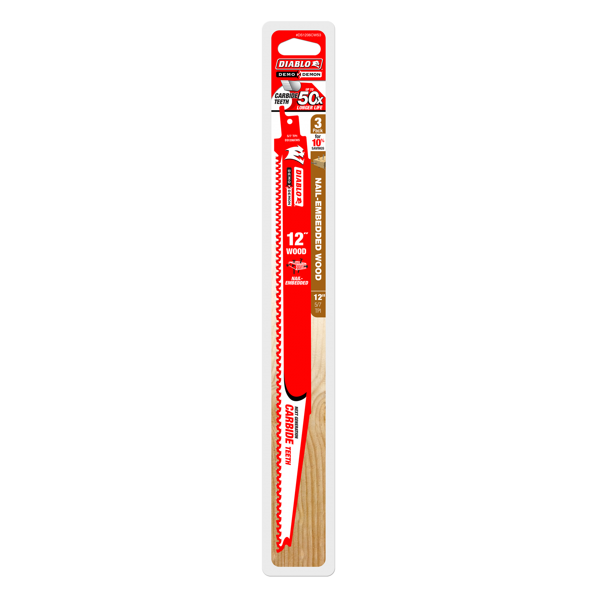Three Diablo Demo Demon 12-inch carbide reciprocating saw blades with red coating and wood-grain handles in packaging.