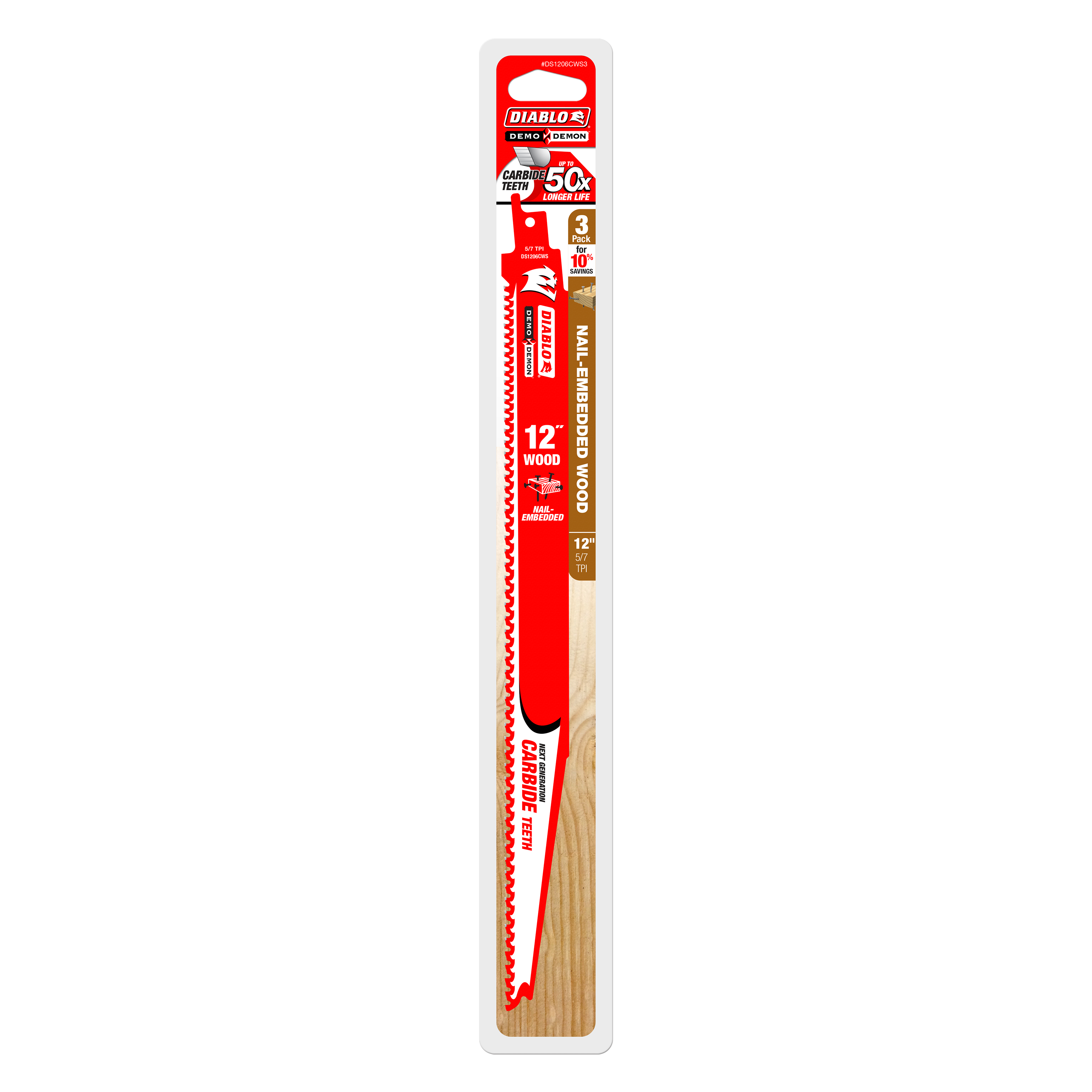 Three Diablo Demo Demon 12-inch carbide reciprocating saw blades with red coating and wood-grain handles in packaging.