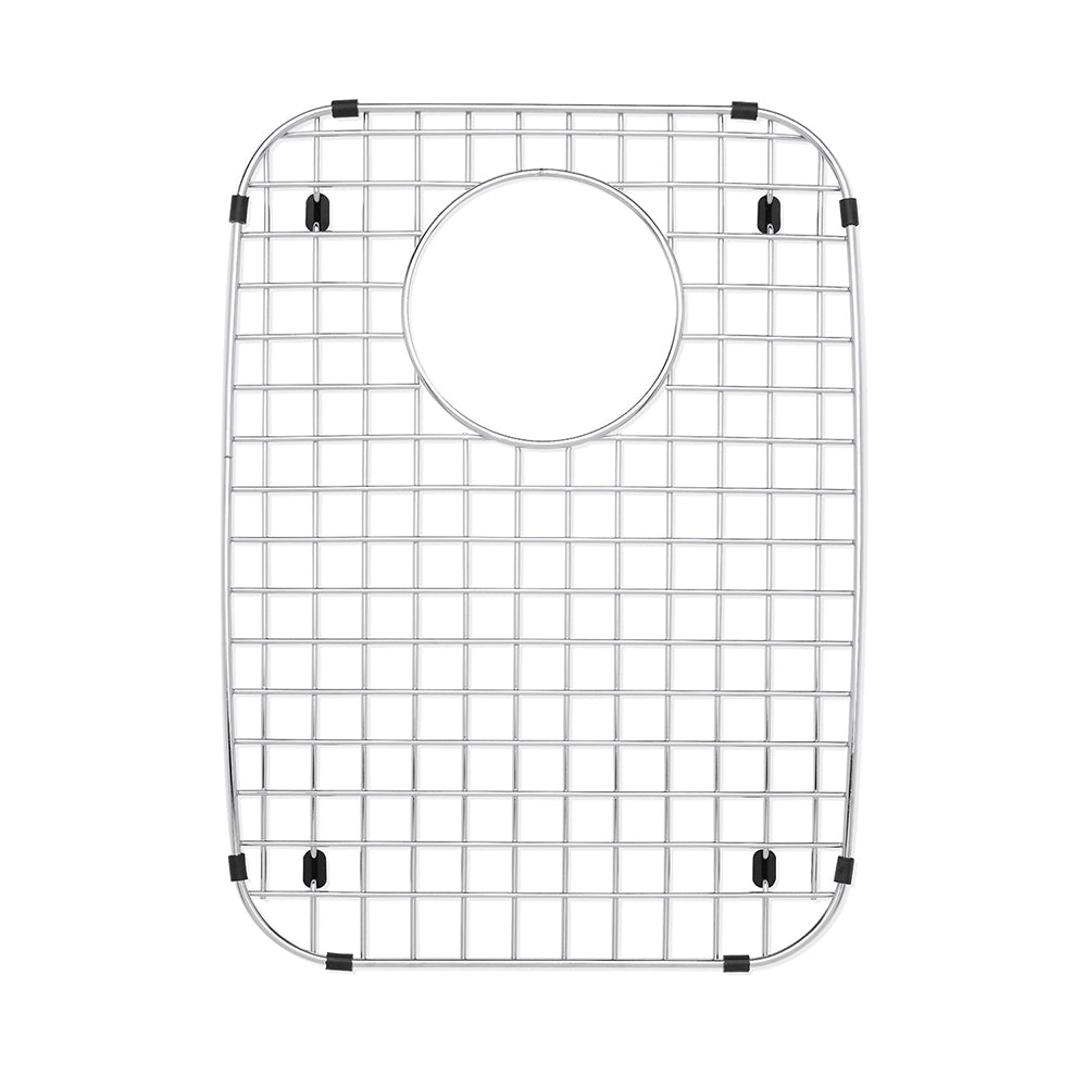 Stainless steel sink grid with square mesh pattern, circular drain opening, and black rubber corner feet.
