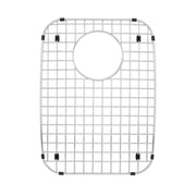 Stainless steel sink grid with square mesh pattern, circular drain opening, and black rubber corner feet.