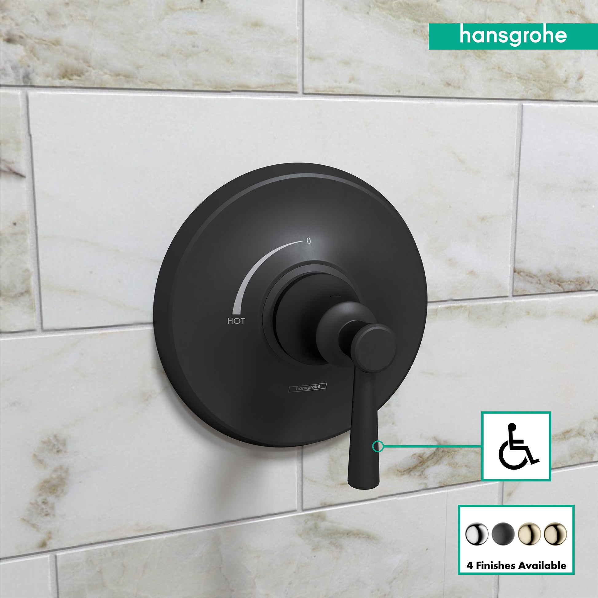 Matte black circular pressure balance valve trim with single lever handle mounted on tiled bathroom wall.