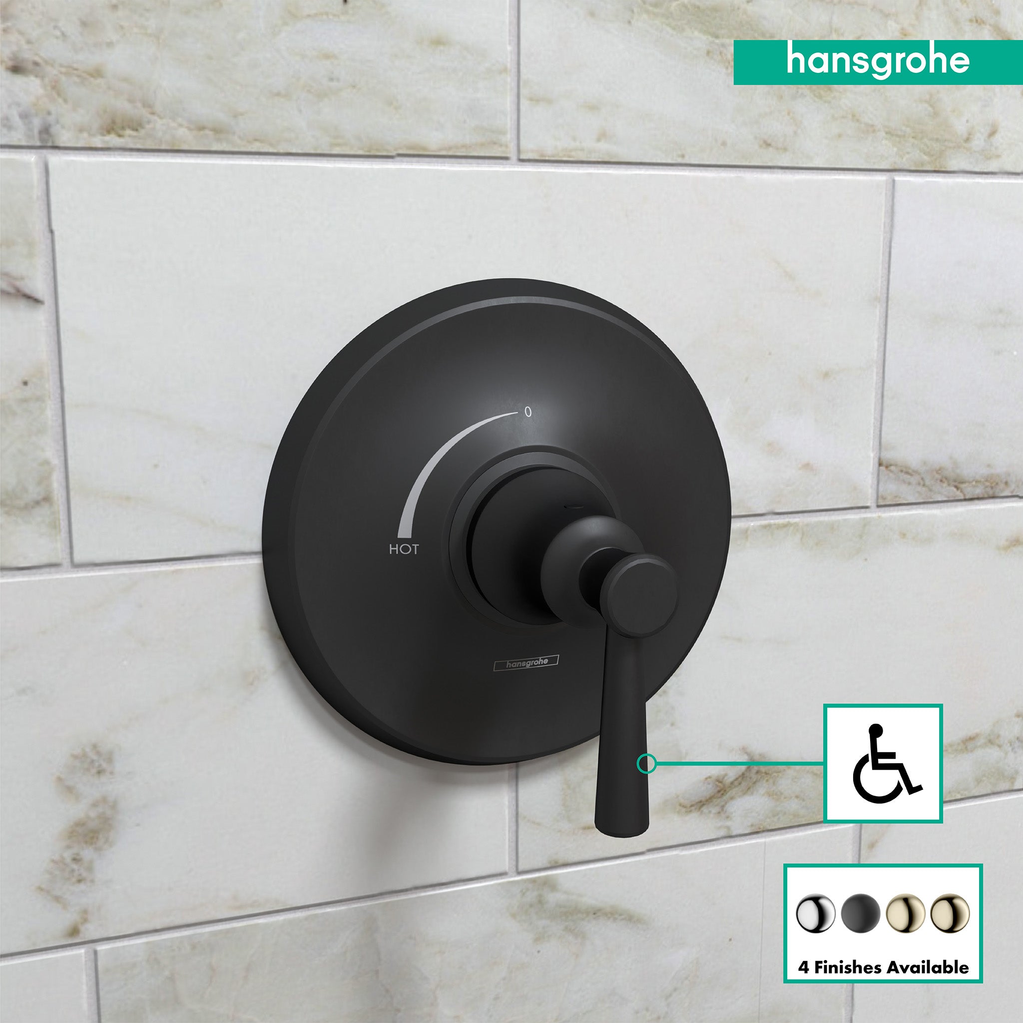 Matte black circular pressure balance valve trim with single lever handle mounted on tiled bathroom wall.