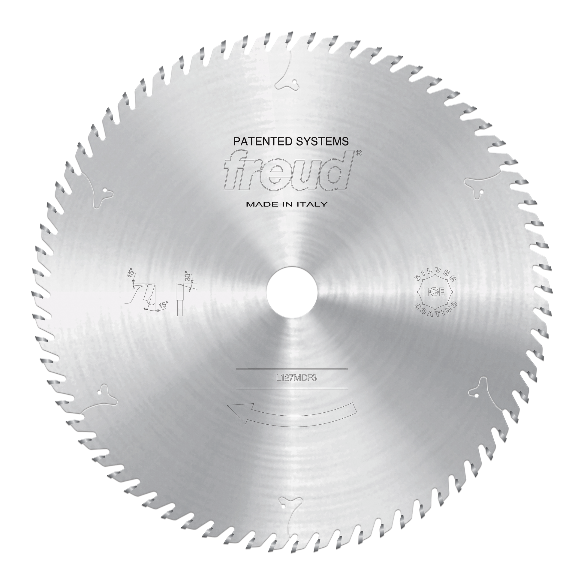 Circular saw blade with multiple teeth around edge, central white mounting hole, and "freud" branding with model number LI27M