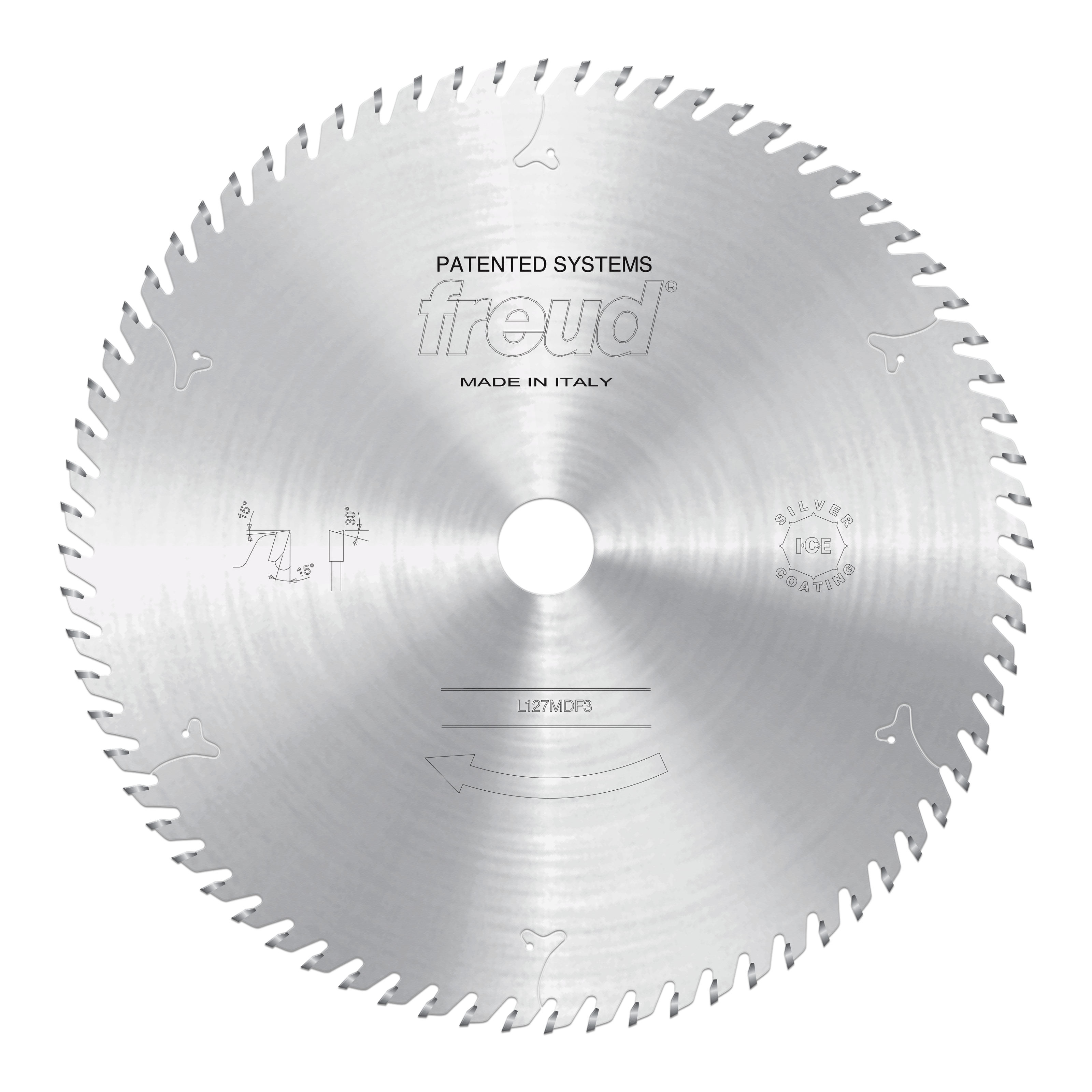 Circular saw blade with multiple teeth around edge, central white mounting hole, and "freud" branding with model number LI27M