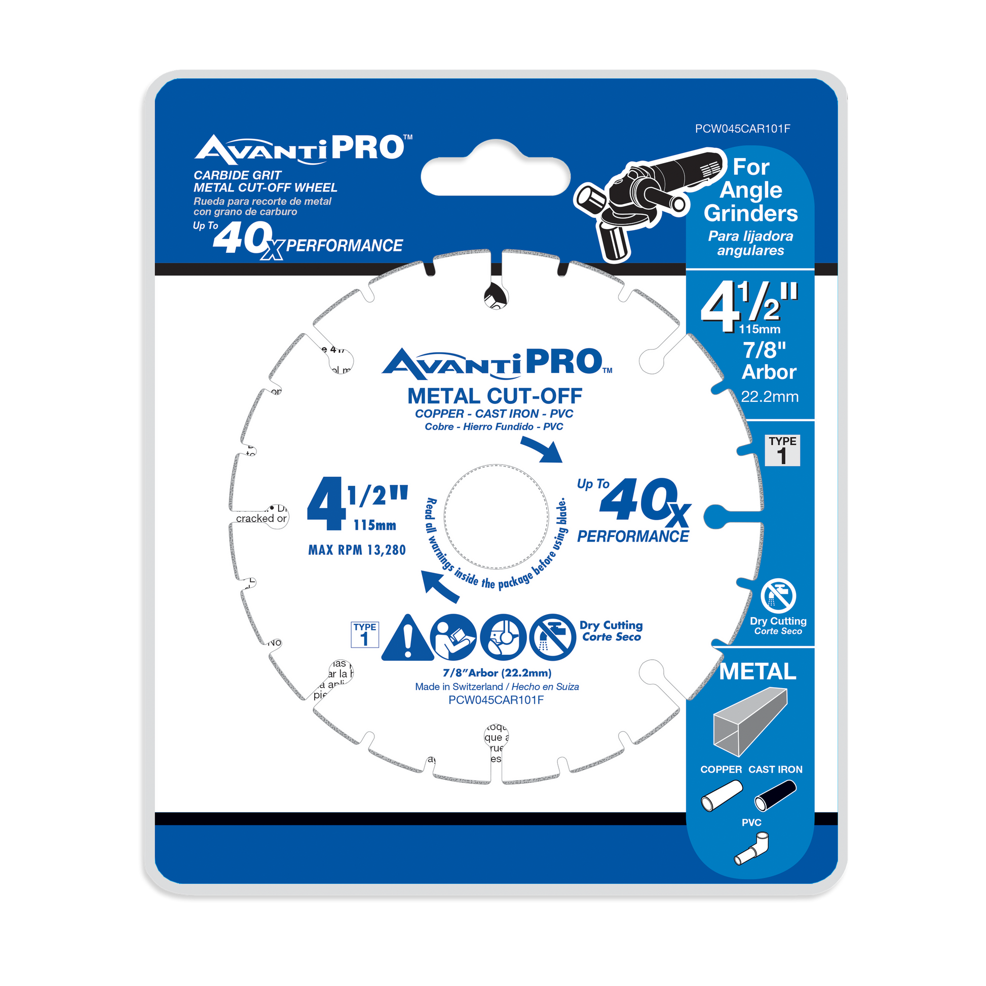 AvantiPRO 4.5 inch carbide grit metal cut-off wheel with 7/8 inch arbor on blue and white packaging.