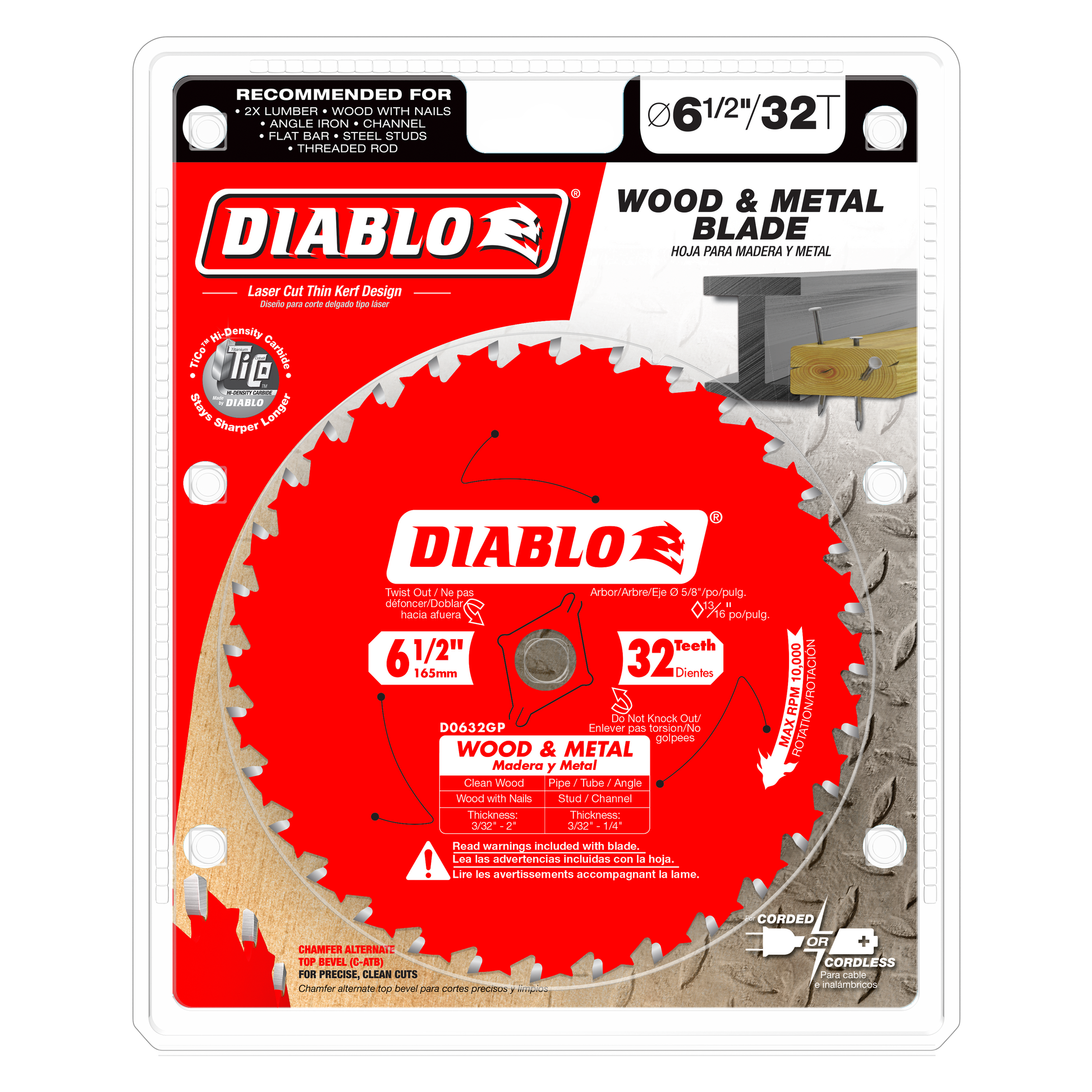 Diablo 6-1/2 inch 32-tooth carbide saw blade with red face and silver teeth on packaging card.