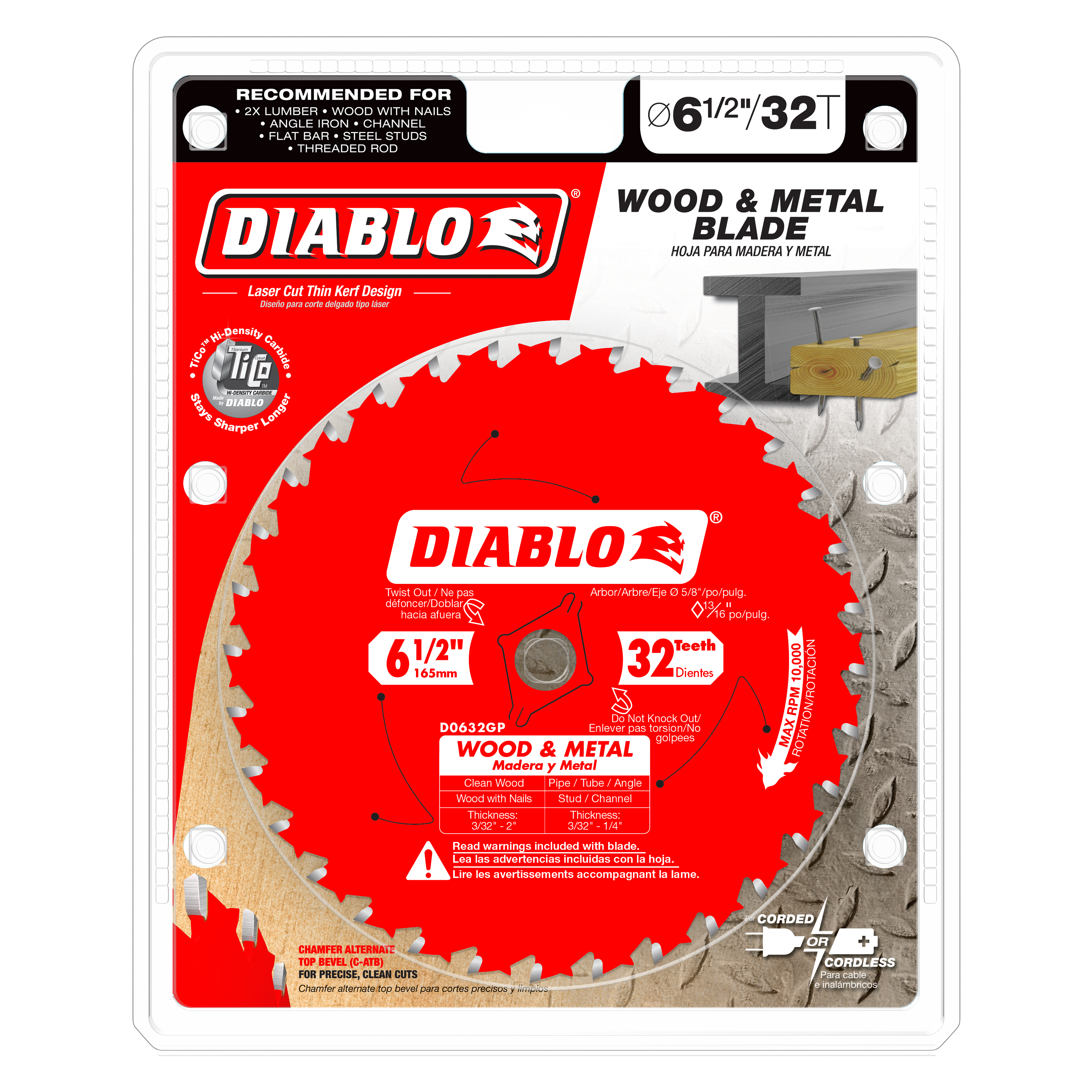 Diablo 6-1/2 inch 32-tooth carbide saw blade with red face and silver teeth on packaging card.