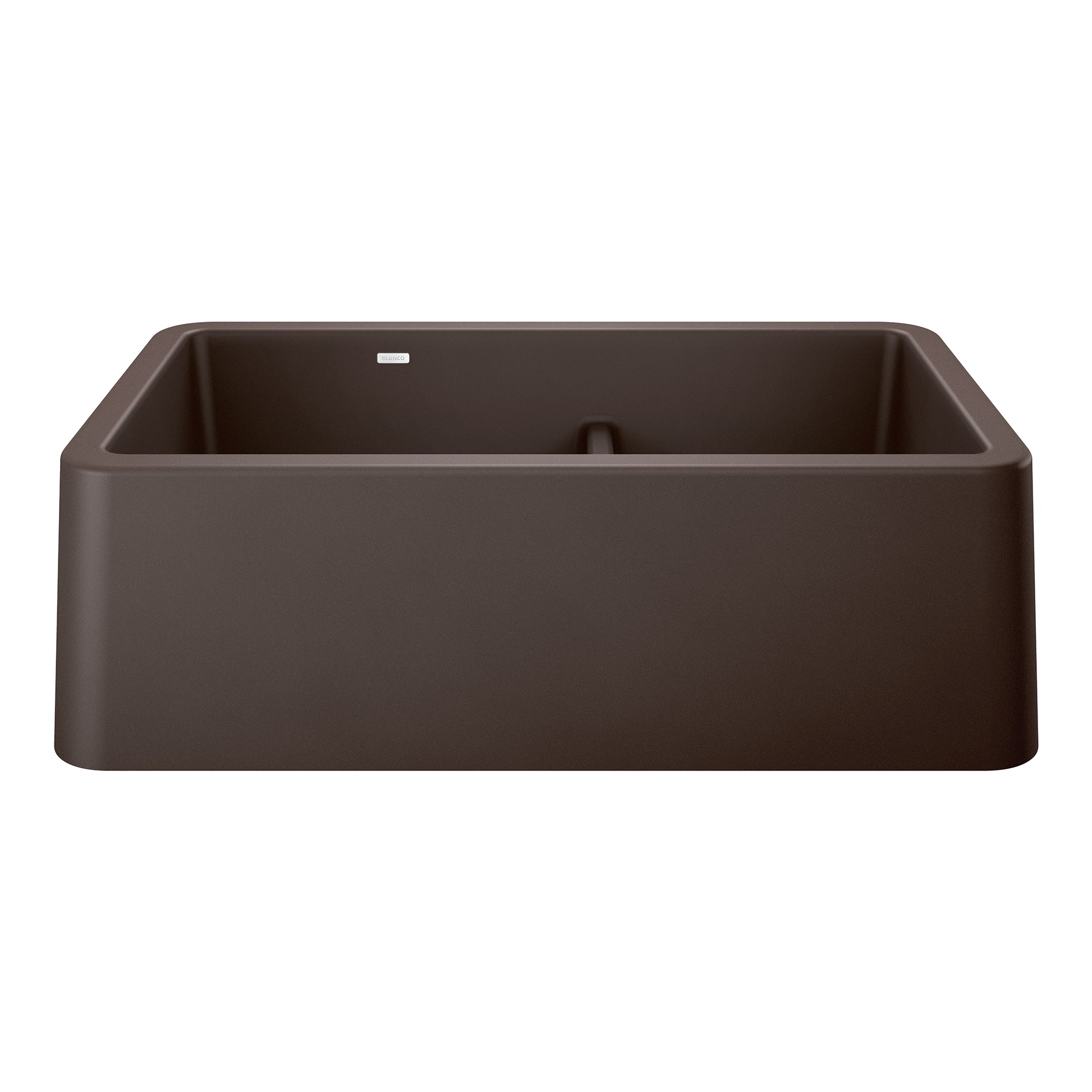 Cafe-colored double bowl farmhouse sink with low divide and apron front.