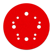 Red circular sanding disc with white hook and loop fastener holes arranged in pattern across surface.