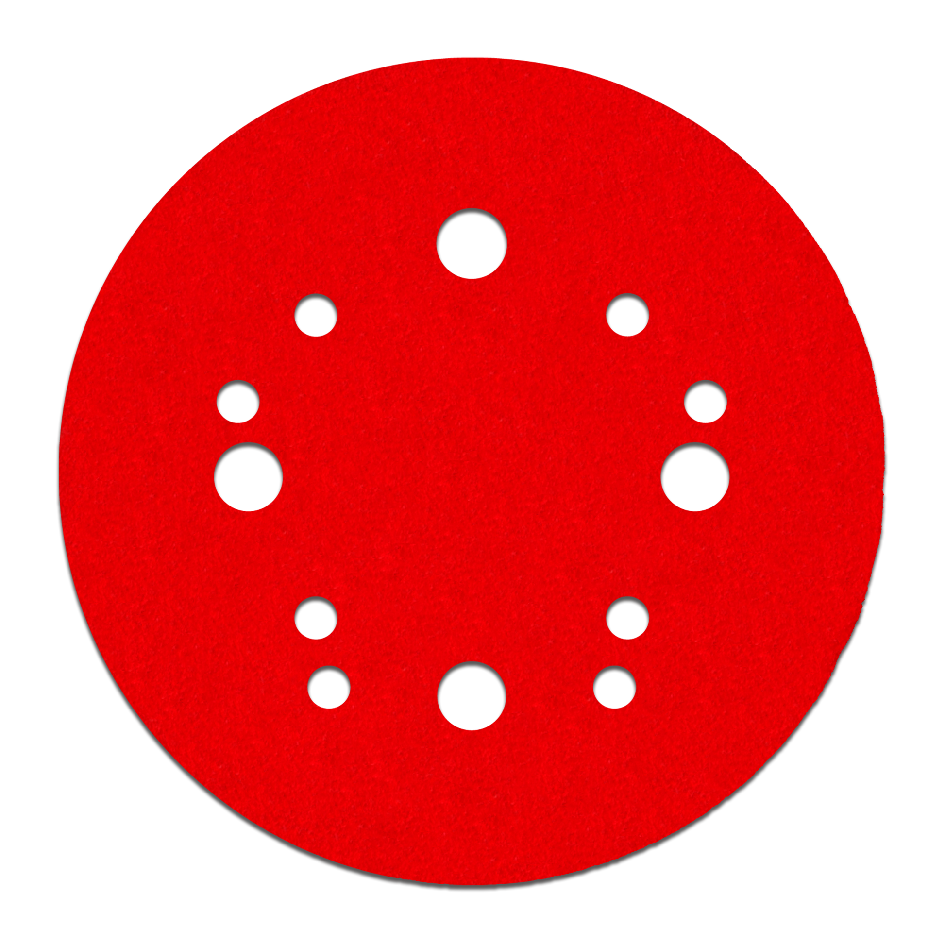 Red circular sanding disc with white hook and loop fastener holes arranged in pattern across surface.