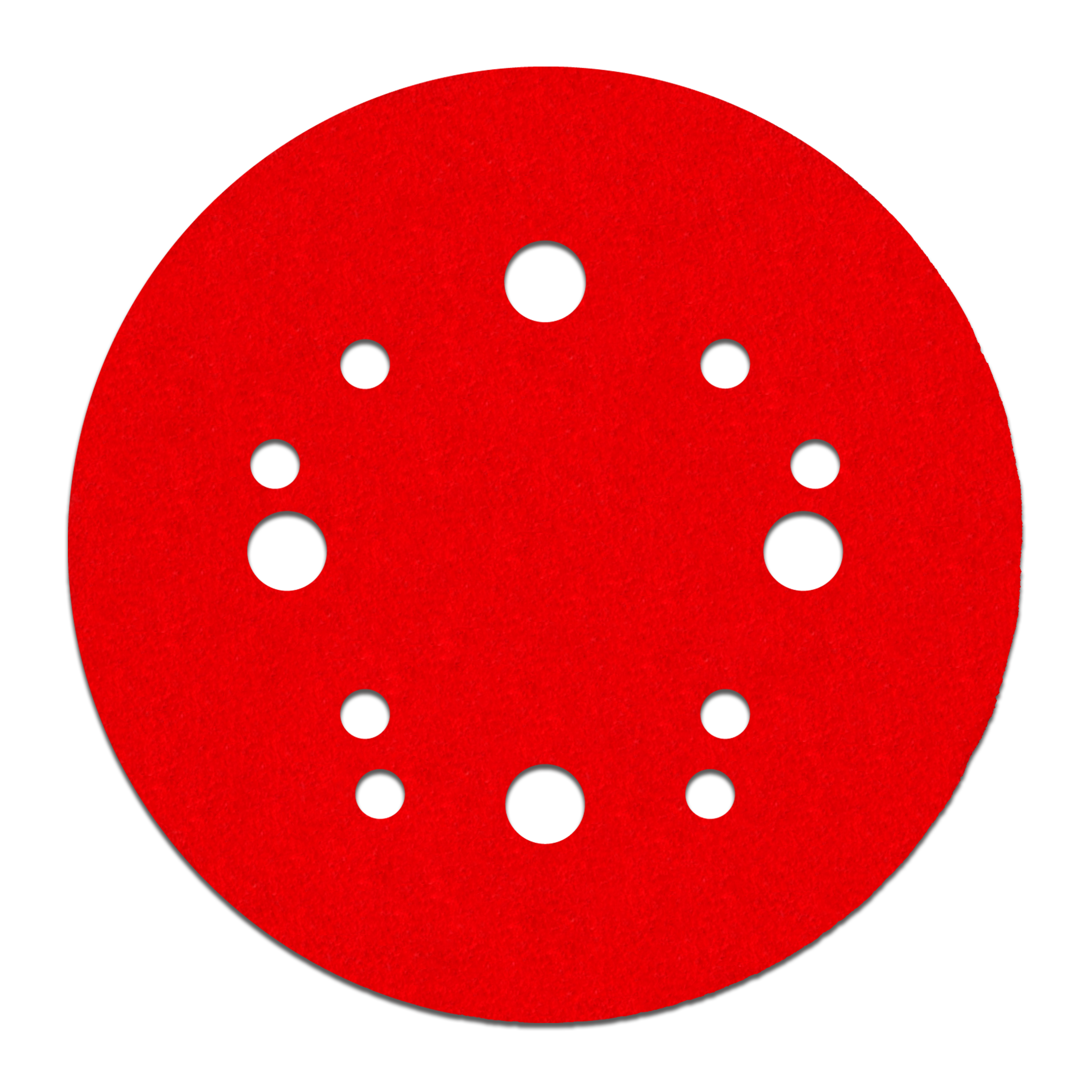 Red circular sanding disc with white hook and loop fastener holes arranged in pattern across surface.