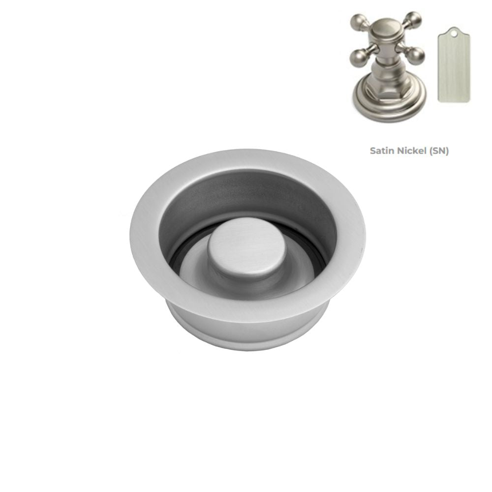 Satin nickel disposal flange with white stopper and cross-handle control valve.