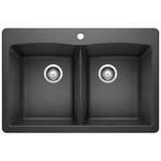 Anthracite double bowl drop-in kitchen sink with two equal-sized basins, chrome drain strainers, and center divider.