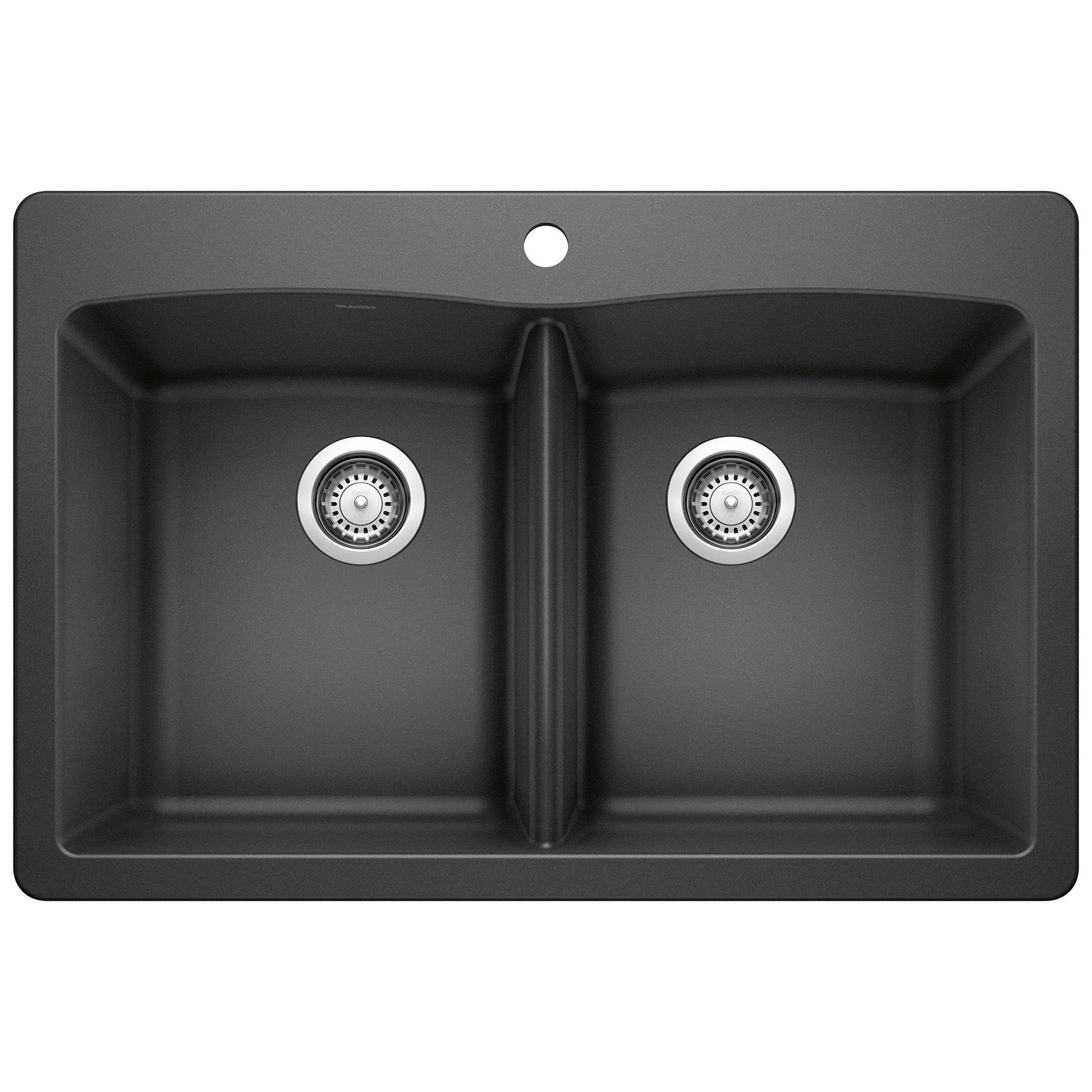 Anthracite double bowl drop-in kitchen sink with two equal-sized basins, chrome drain strainers, and center divider.