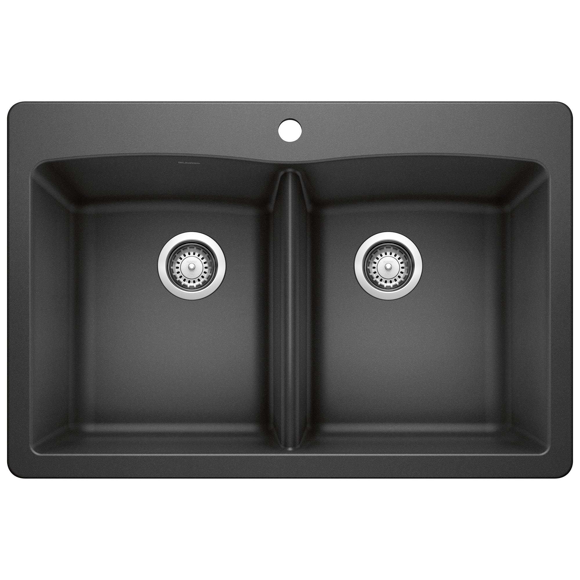 Anthracite double bowl drop-in kitchen sink with two equal-sized basins, chrome drain strainers, and center divider.