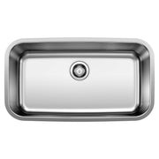 Stainless steel single bowl undermount sink with rounded corners and center drain opening.