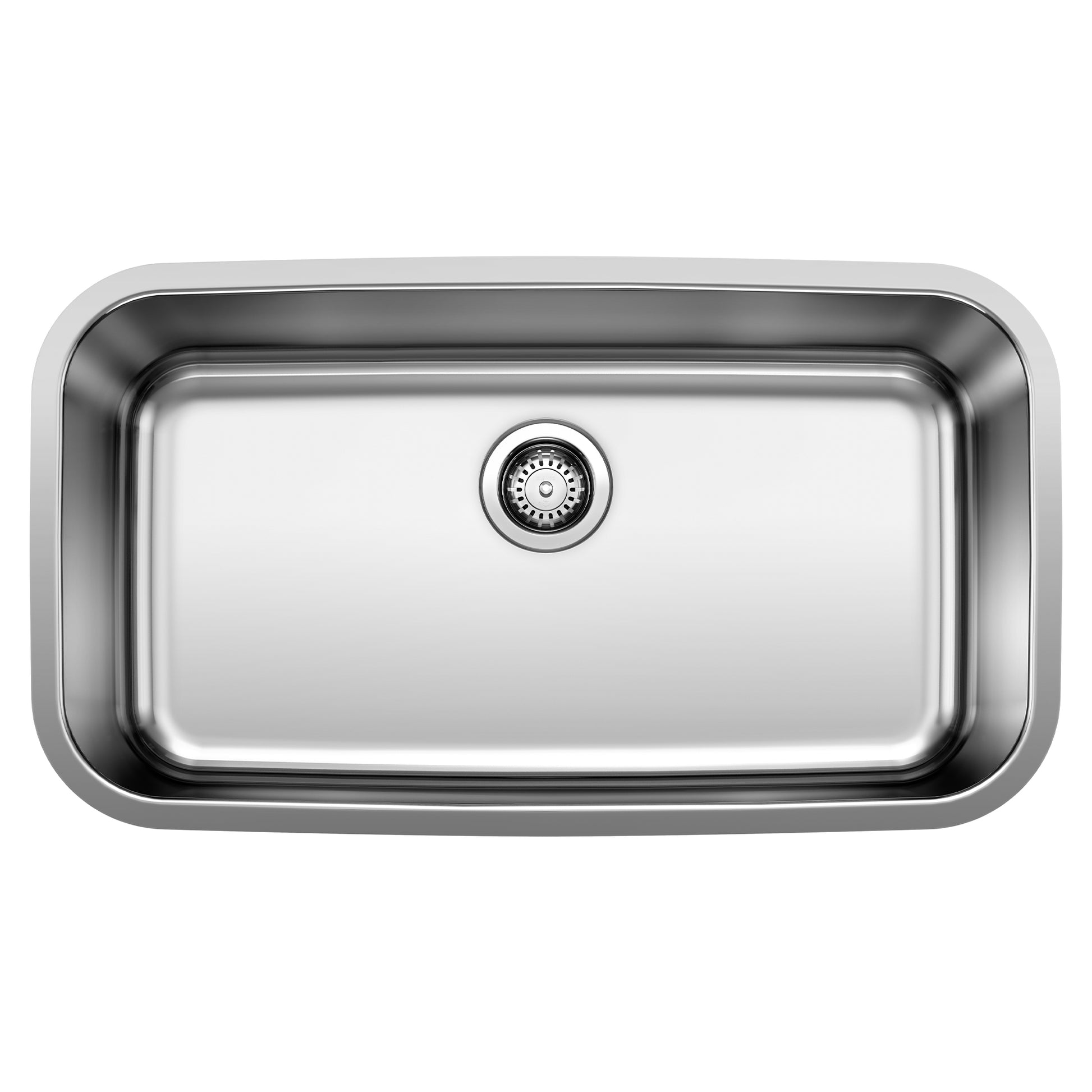 Stainless steel single bowl undermount sink with rounded corners and center drain opening.