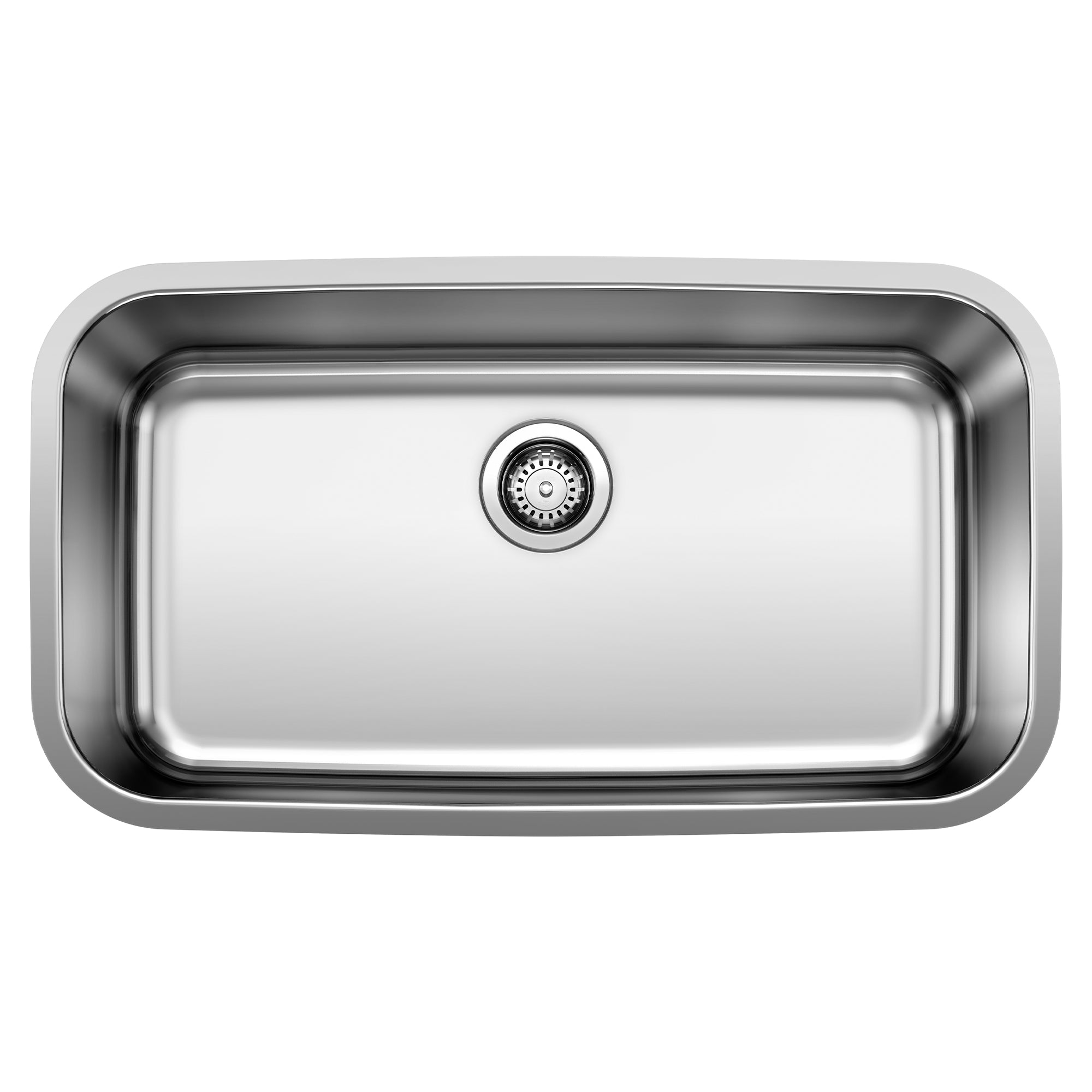 Stainless steel single bowl undermount sink with rounded corners and center drain opening.