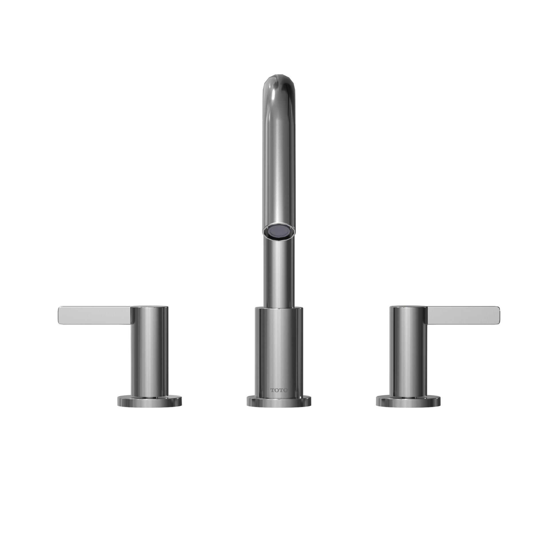 Polished chrome three-piece roman tub filler with tall central spout and two lever handles on either side.