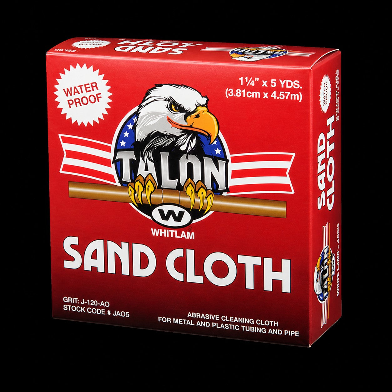Red Whitlam Talon sand cloth box labeled waterproof, 1¼" x 5 yards, with eagle logo and brown cloth roll visible.